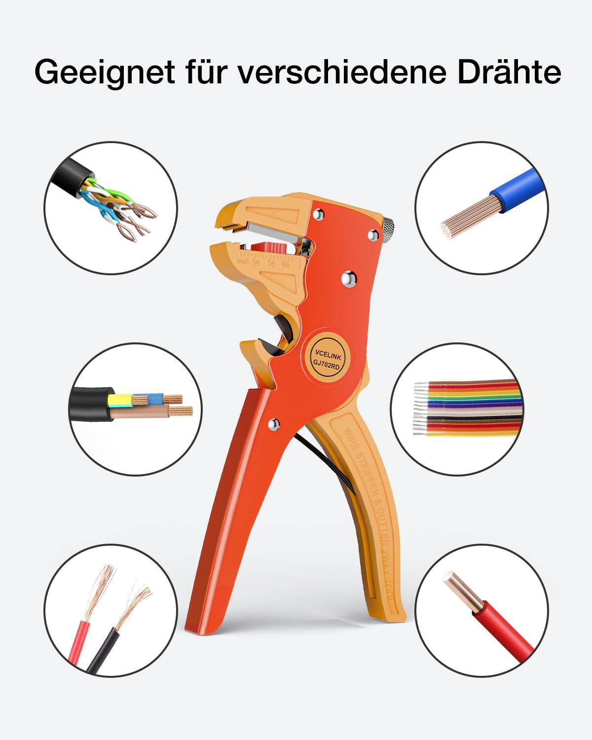 Ein orangefarbener Drahtabisolierer mit verschiedenen Kabeln drumherum.