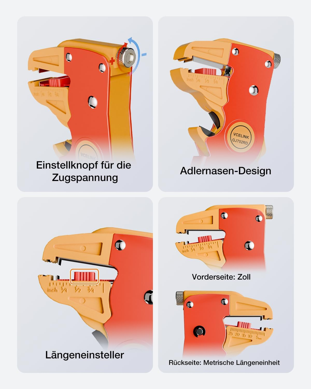 Vier Ansichten eines orange-gelben Drahtabisolierwerkzeugs mit verschiedenen Einstellmerkmalen.
