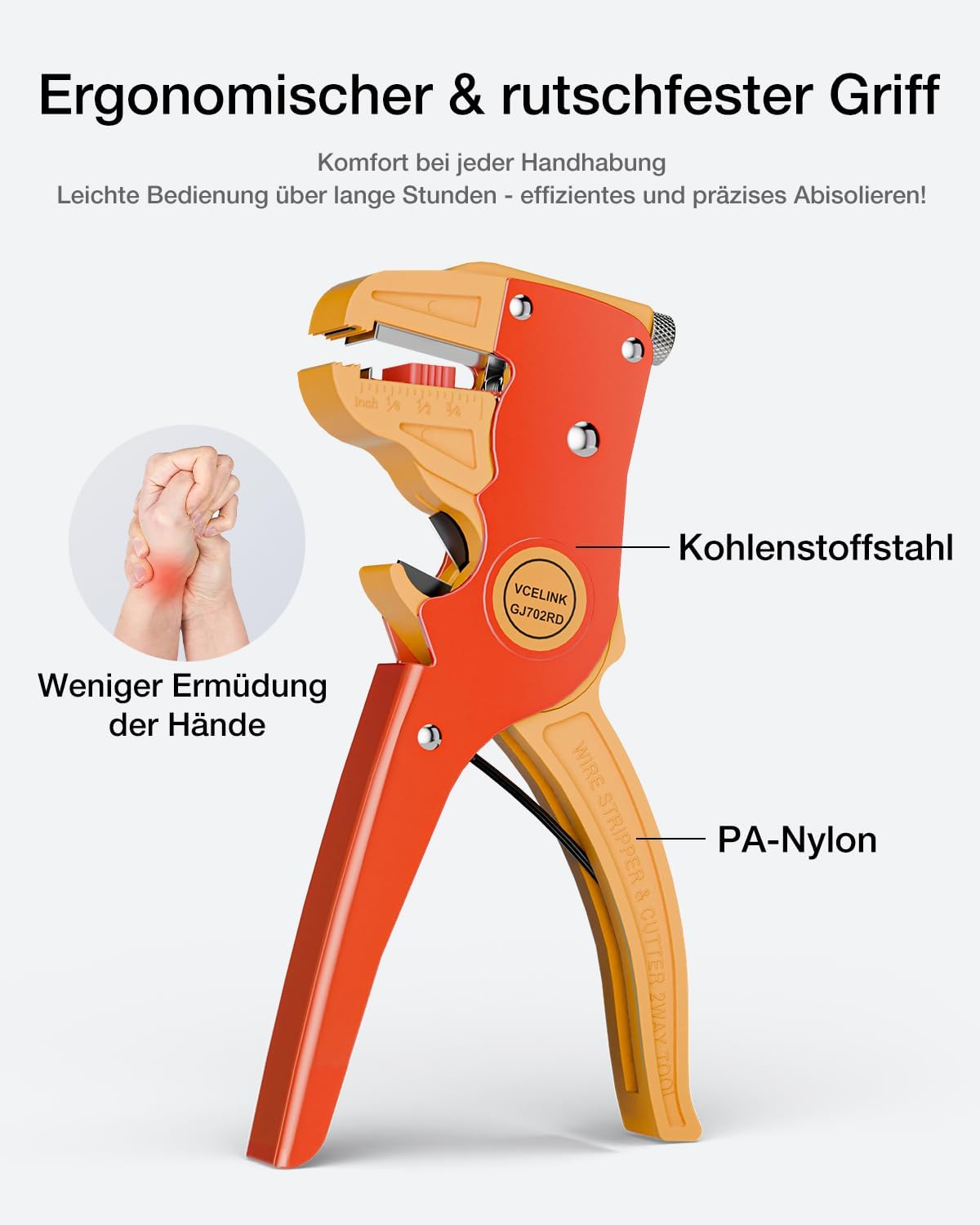 Ein orange-gelber Drahtabisolierer mit ergonomischem Griff und Beschriftungen.