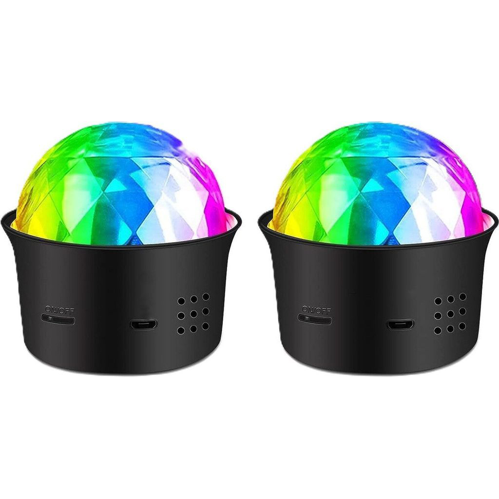 Zwei bunte Discokugeln mit schwarzen Sockeln, die Licht projizieren.