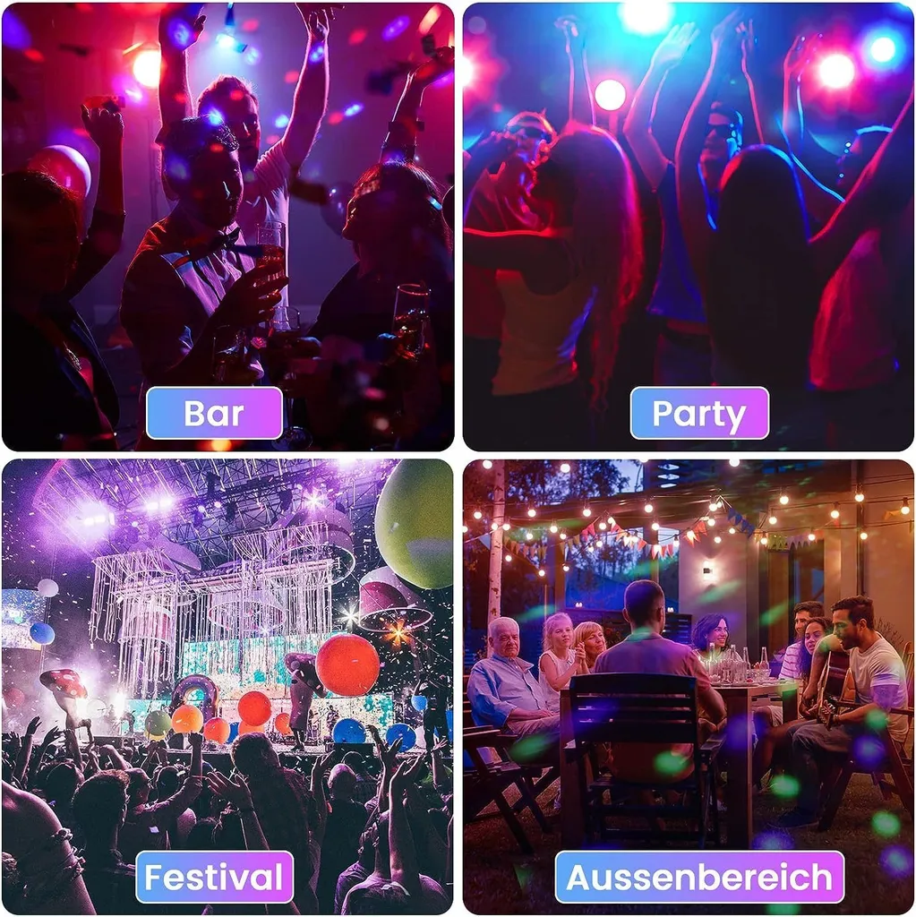 Collage aus vier Szenen: Bar, Party, Festival und Außenbereich. Bunte Lichter.
