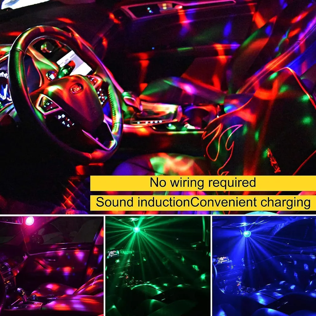 Innenraum eines Autos mit bunten Lichteffekten, die von einer Discokugel erzeugt werden.