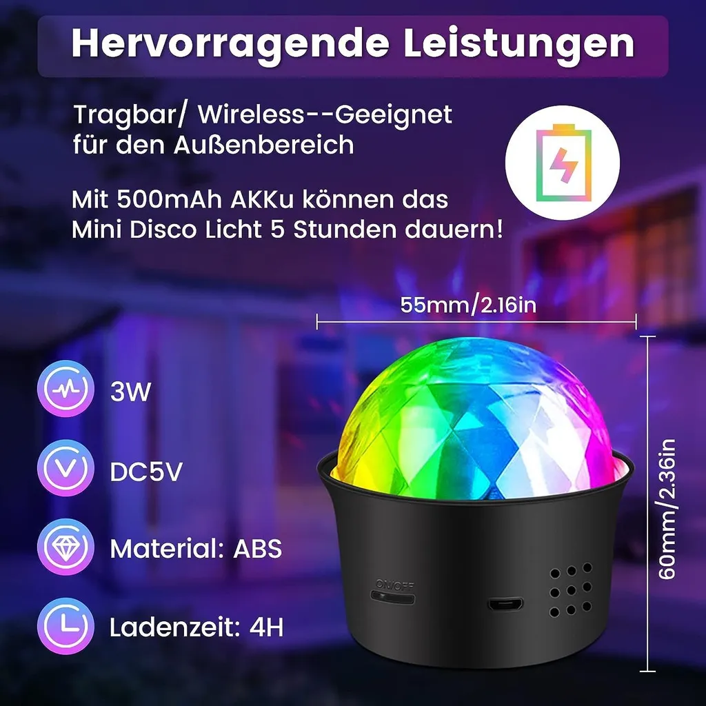Ein farbenfrohes Mini-Disco-Licht mit den Maßen 55x60mm, tragbar und für draußen geeignet.
