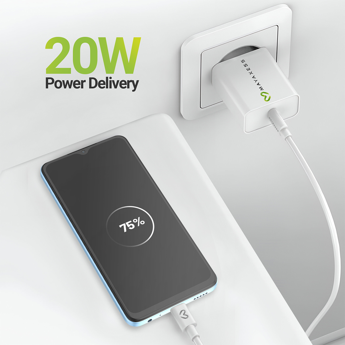 Un téléphone chargeant à 75% est connecté à un adaptateur de 20W.