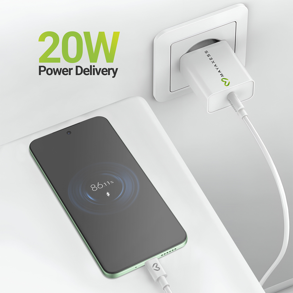 Un smartphone se charge avec un adaptateur 20W. Batterie à 86%.