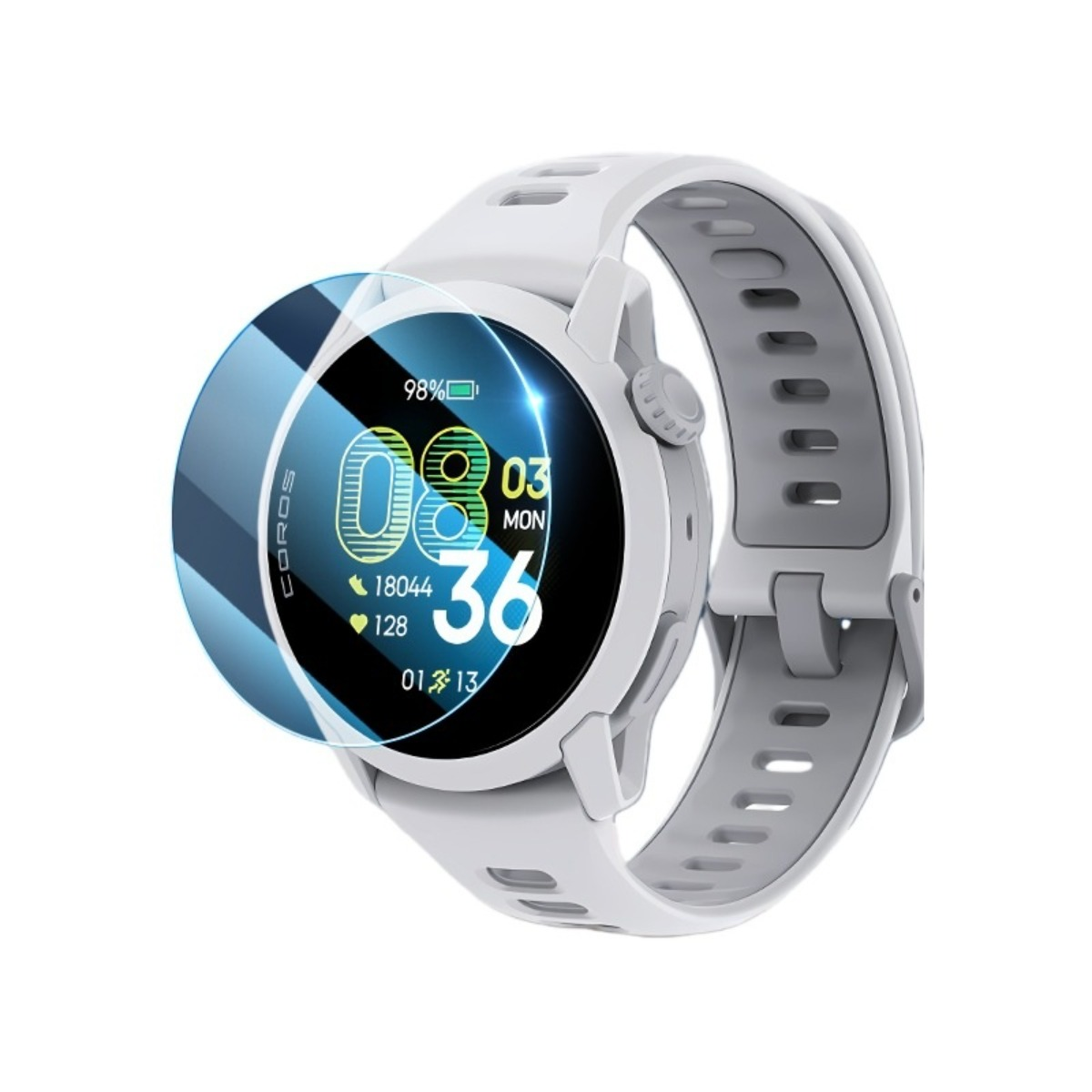 Orologio bianco Coros con protezione schermo, mostra ora, data e statistiche.