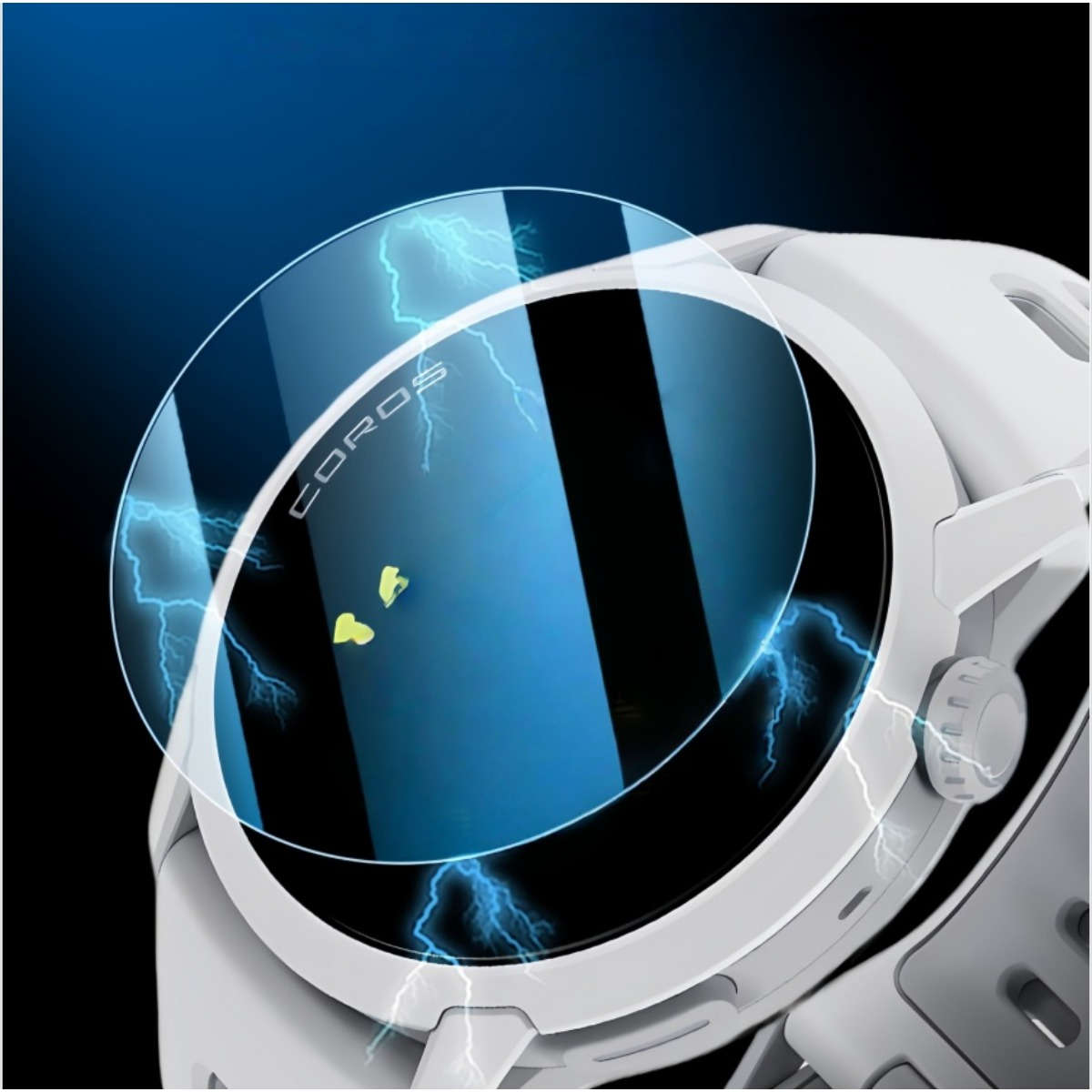 Smartwatch bianco con fulmini blu e logo 'COROS' sullo schermo.