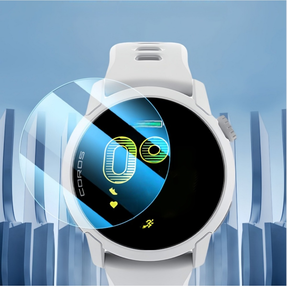 Smartwatch bianco con schermo blu che mostra icona di corsa. Protezione schermo in vetro davanti.