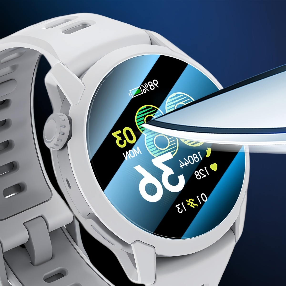 Smartwatch bianco con schermo a strisce blu e nere che mostra ora, batteria e battito cardiaco.