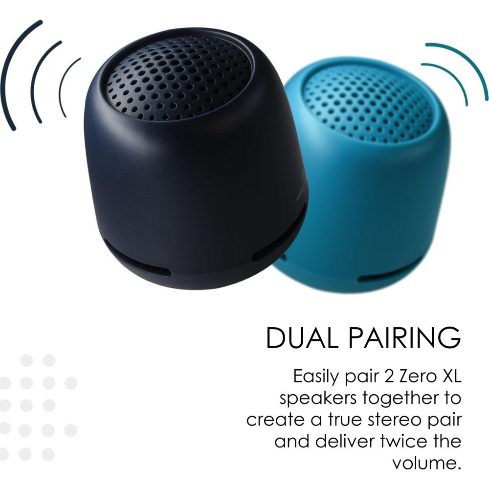Deux petits haut-parleurs ronds, un bleu foncé, un turquoise, avec des ondes sonores.