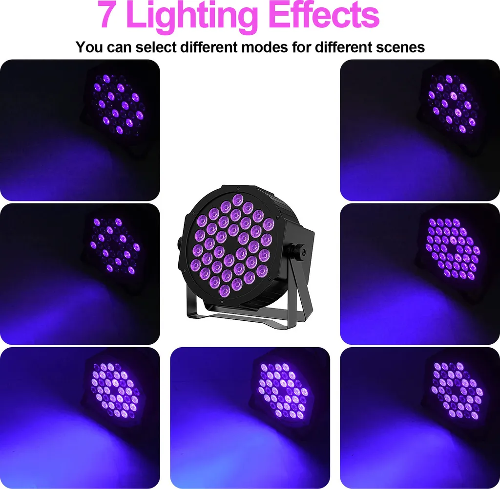 Ein schwarzer PAR-Scheinwerfer mit vielen violetten LEDs leuchtet auf einem Ständer.