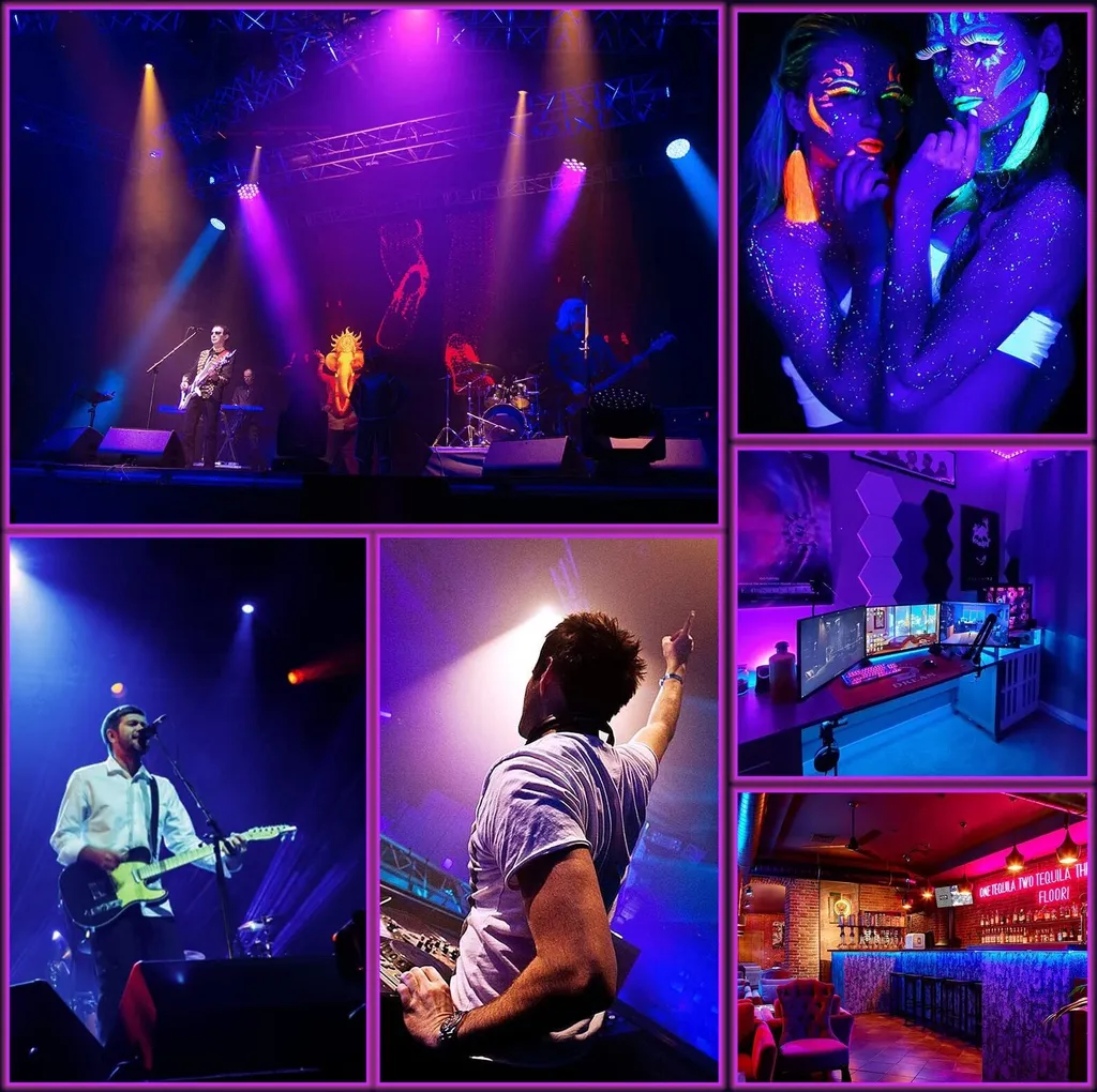 Collage von Musikern, DJs und einer Bar. Ein DJ legt auf, eine Band spielt, zwei Frauen mit Neonfarbe und ein Gaming-Setup.
