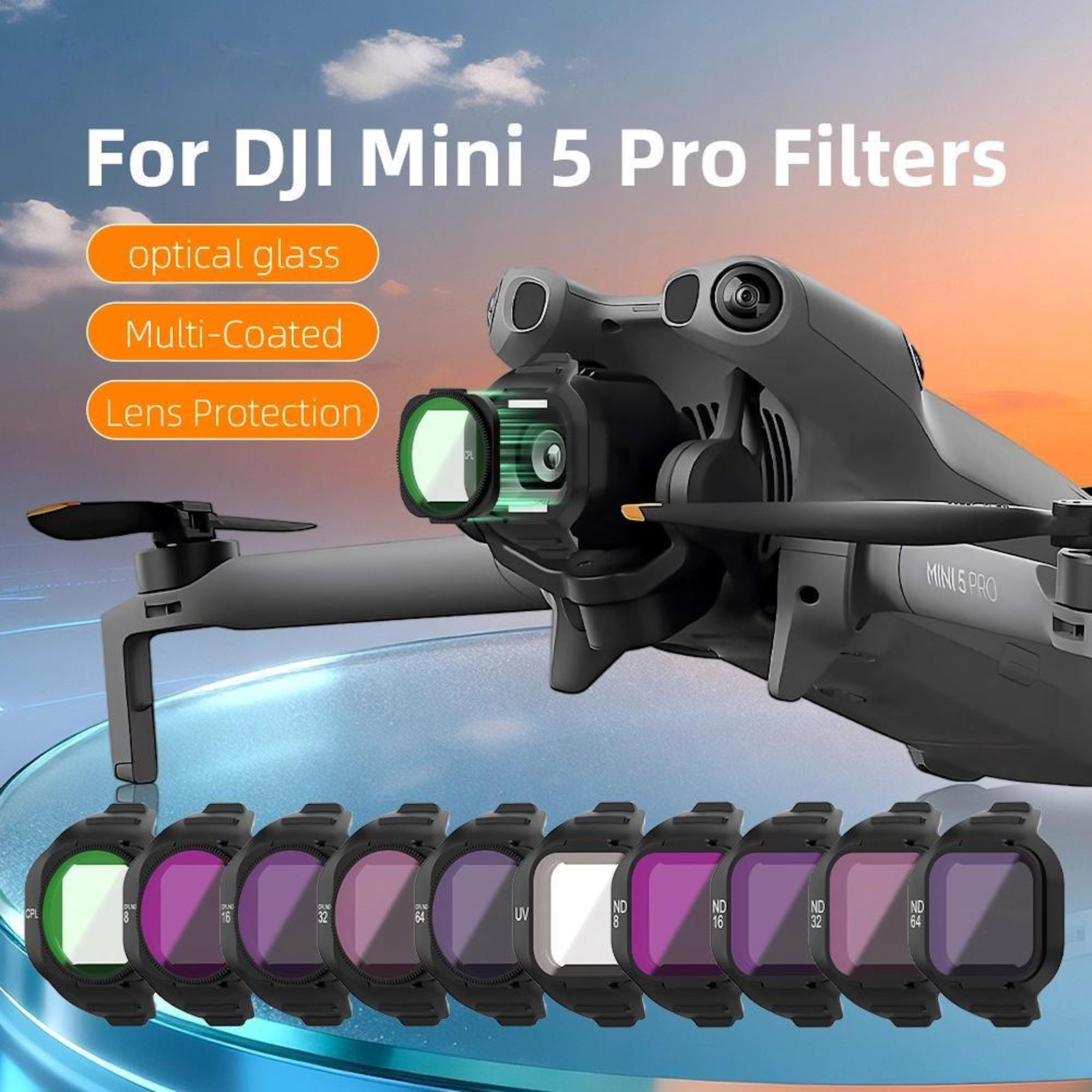 DJI Mini 5 Pro Drohne mit verschiedenen Farbfiltern und Textüberlagerungen.