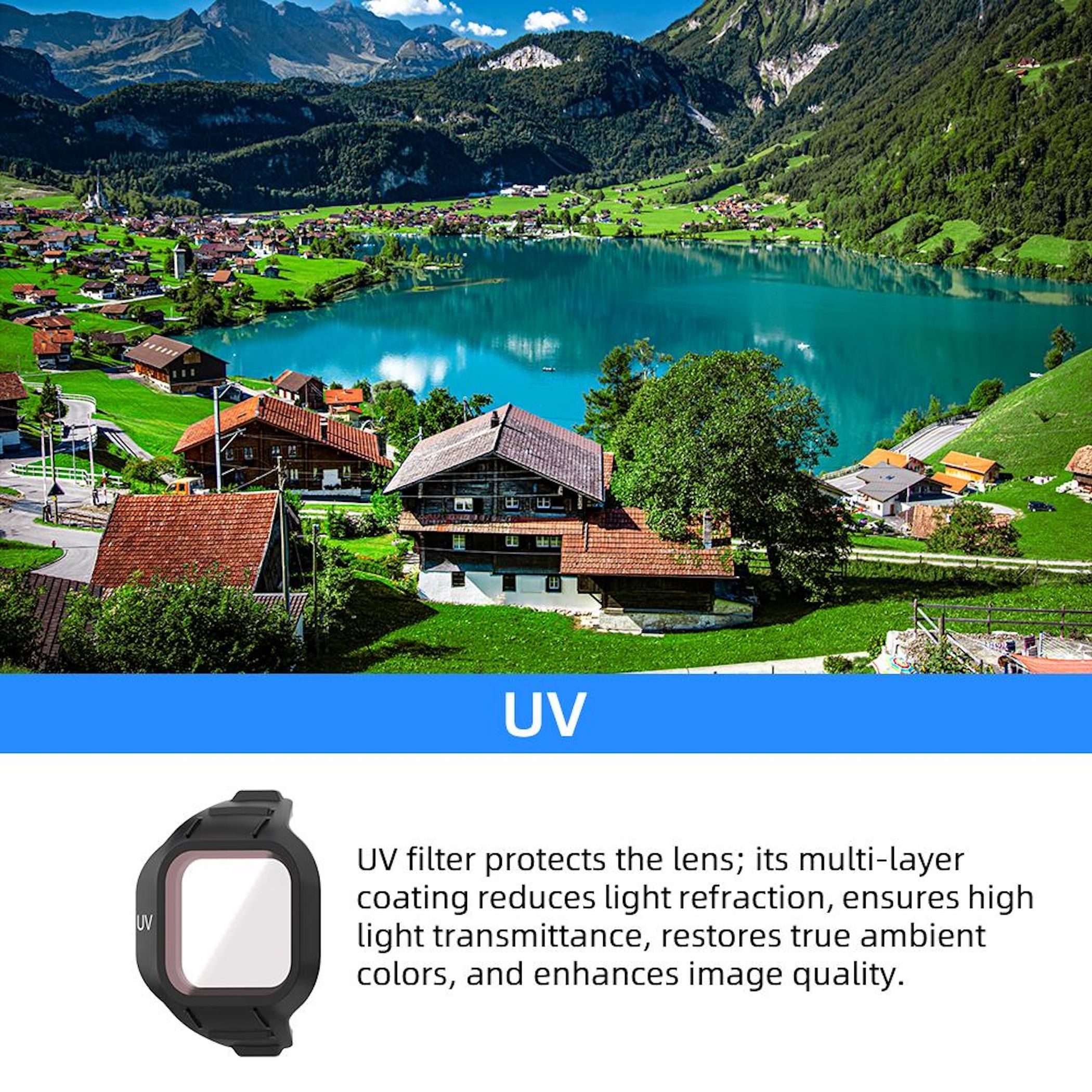 Bergdorf mit See und Bergen. Ein Kamera-UV-Filter ist abgebildet.