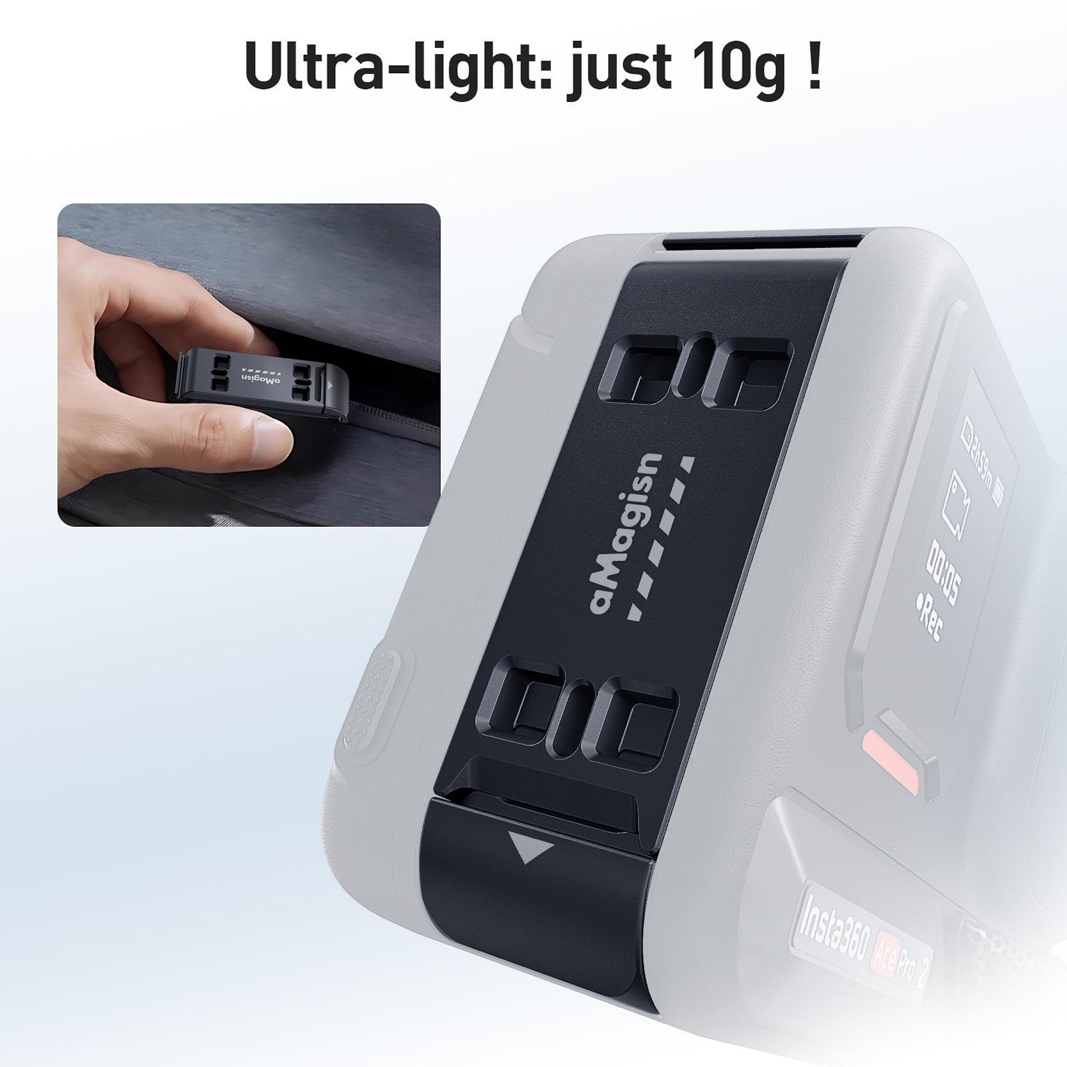 Ein Mann hält eine kleine schwarze Kamera. "Ultra-leicht: nur 10g!"