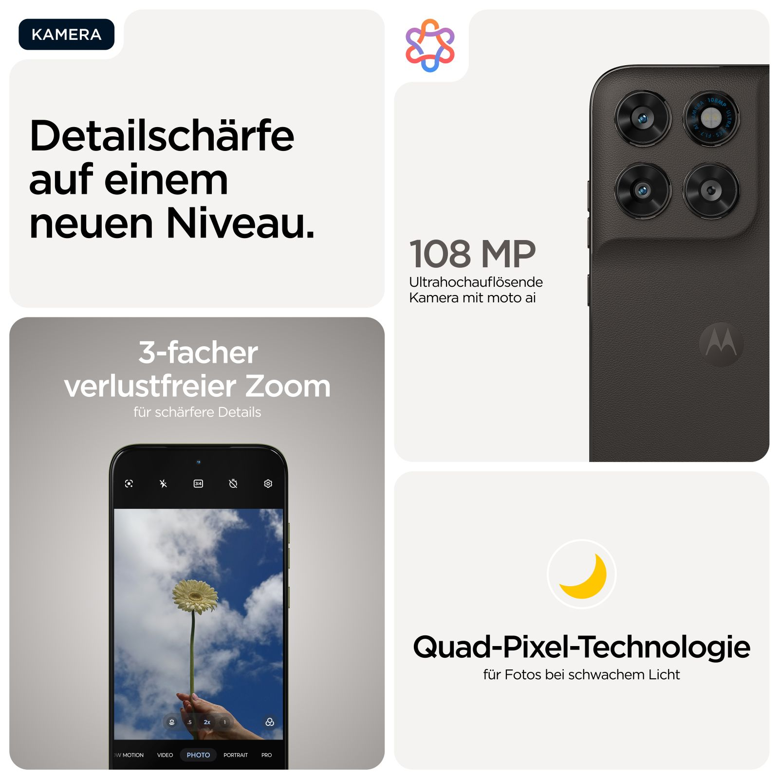 Funkcje aparatu smartfona: 108MP, zoom 3x, technologia Quad-Pixel.