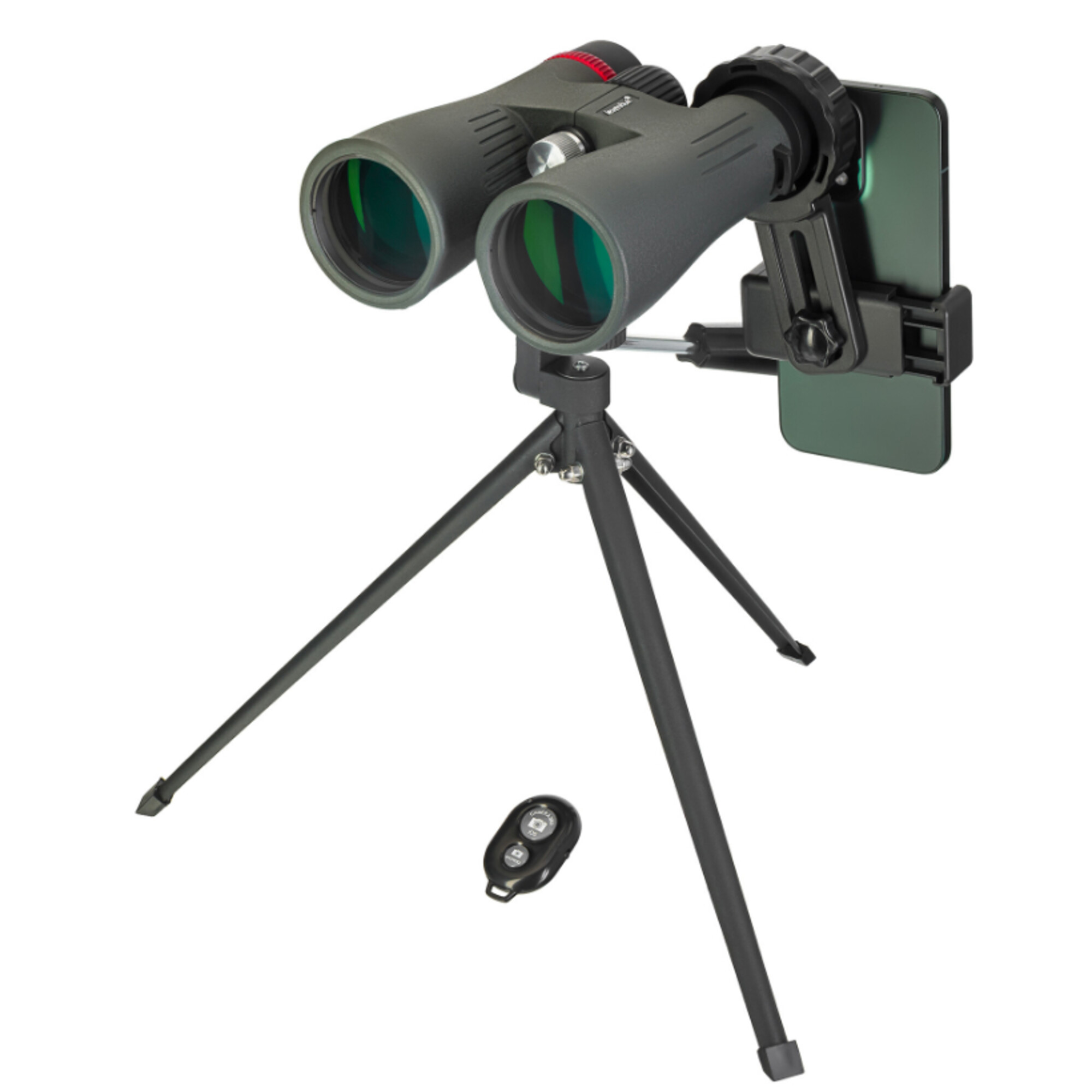Binocolo grigio su treppiede con supporto per telefono e telecomando.