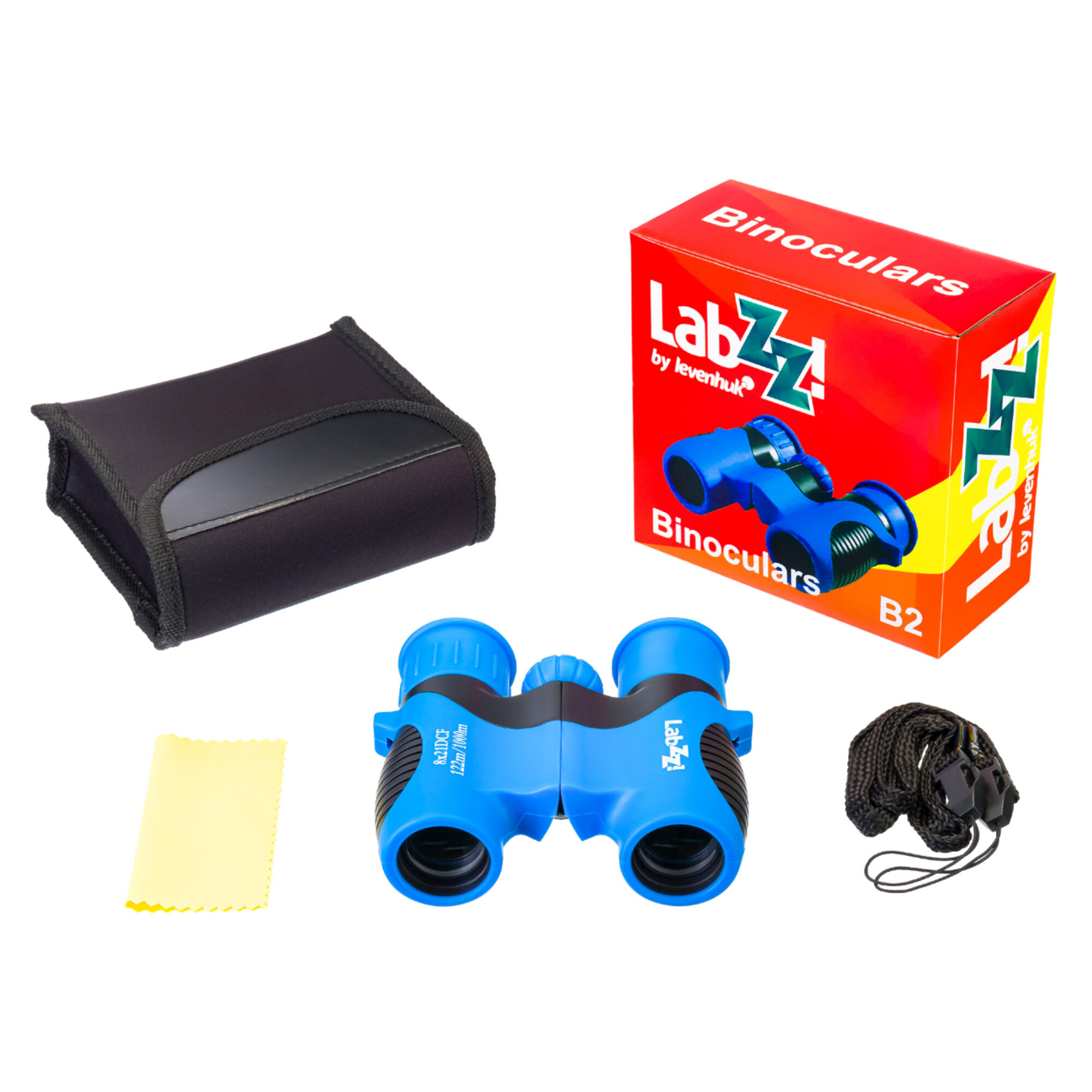 Binocolo blu con accessori: custodia, panno, cordino e scatola.