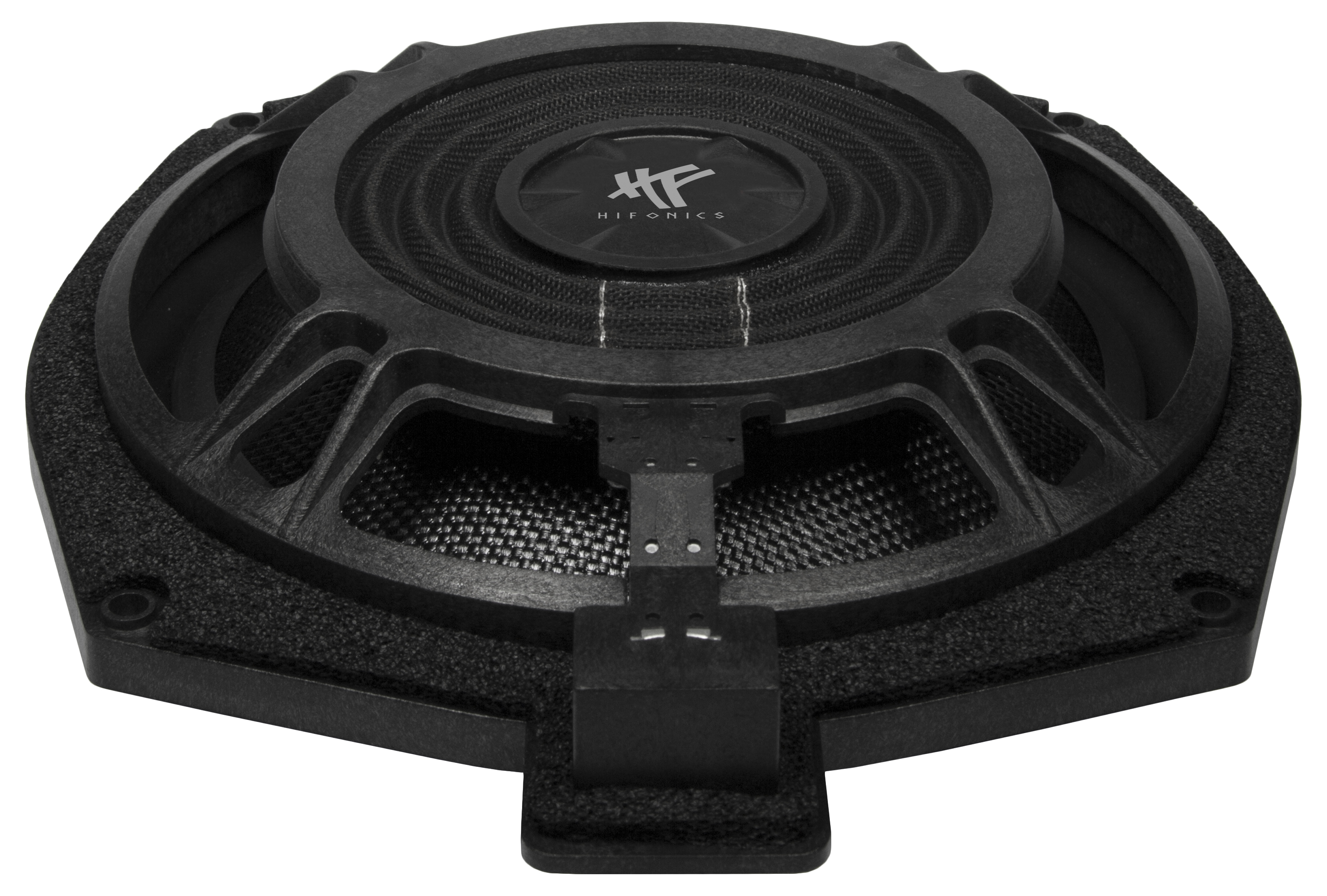 Schwarzer Hifonics-Subwoofer mit Hf-Logo auf dem Gitter.