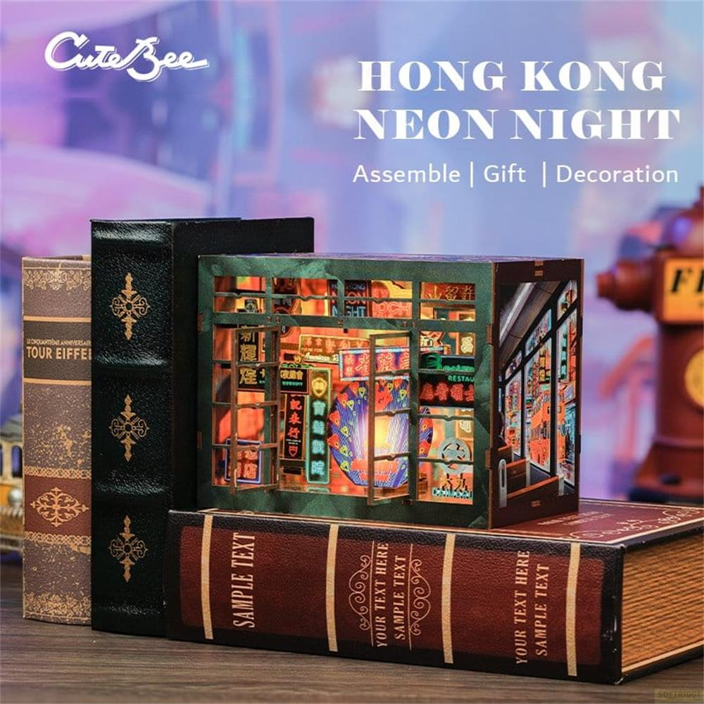 Ein Diorama einer neonbeleuchteten Nachtszene in Hongkong, im Stil eines Buches.
