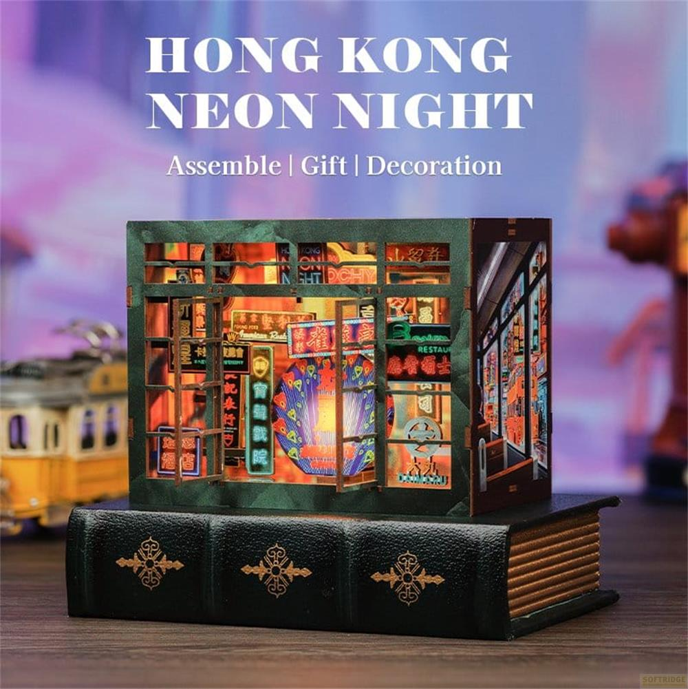 Ein Diorama einer Hong Kong Neon-Nachtszene, beleuchtet, auf einem Buch.