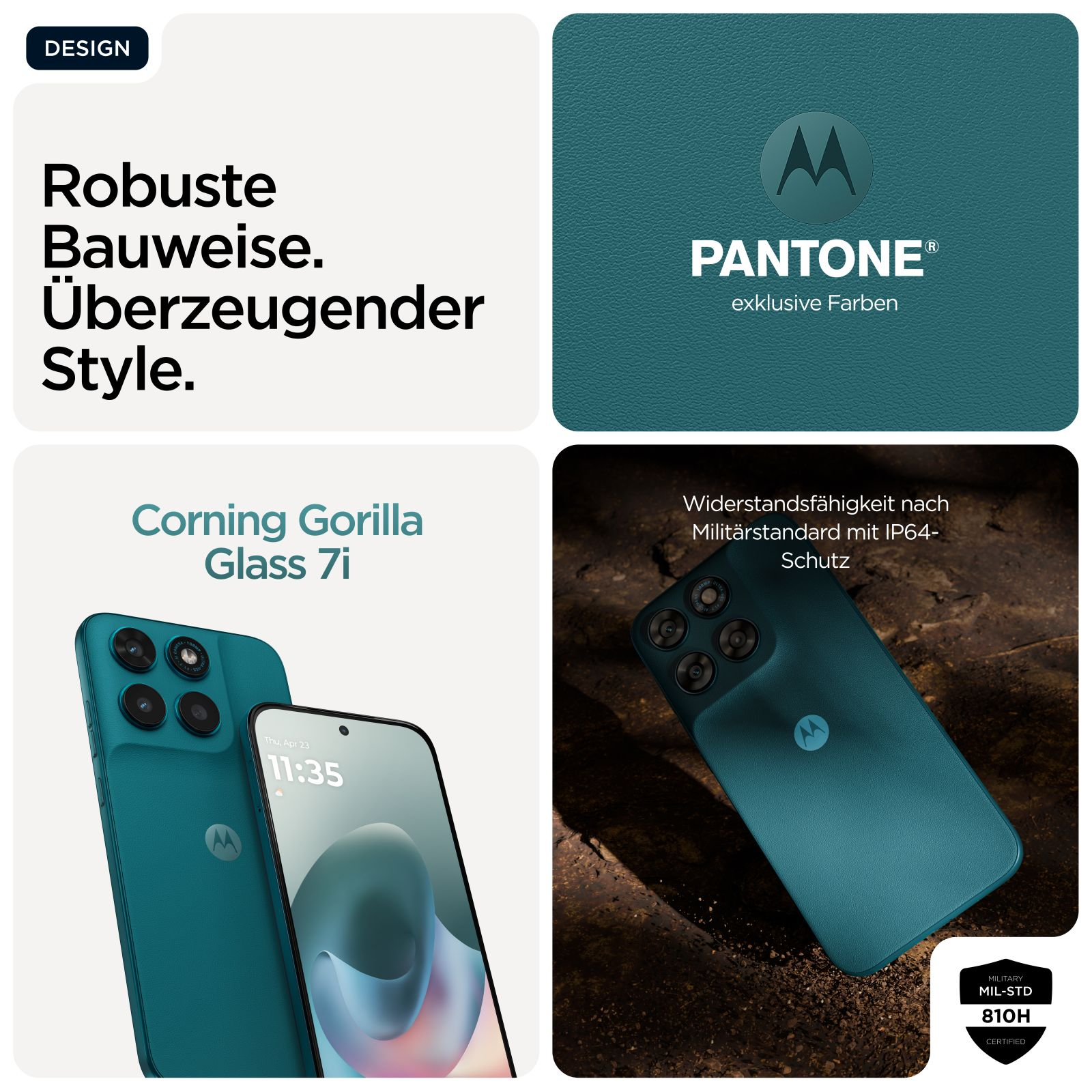 Turkusowy smartfon Motorola z kolorem PANTONE i Gorilla Glass 7i.