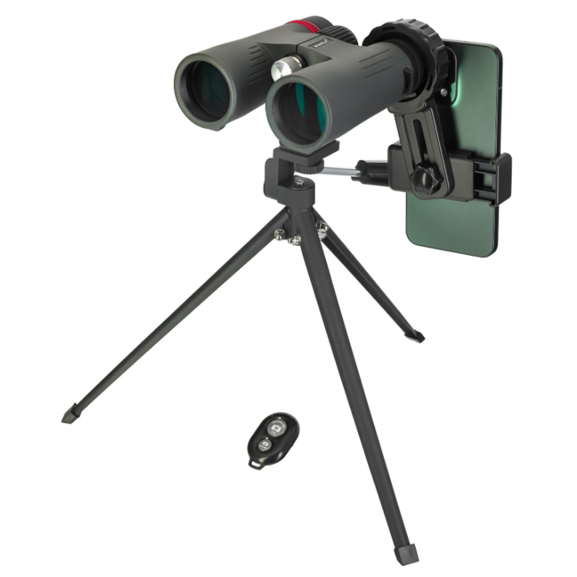Binocolo grigio con supporto smartphone su treppiede, telecomando vicino.