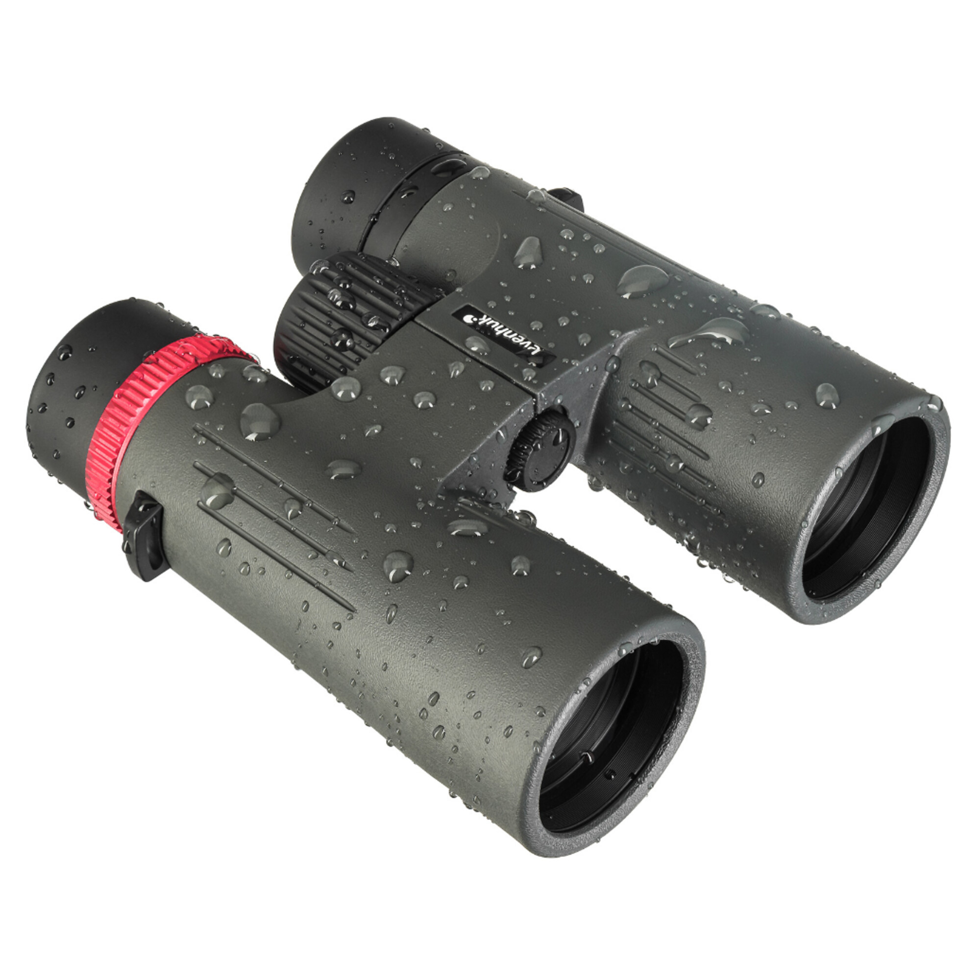 Binocolo grigio con gocce d'acqua e anello rosso, sfondo bianco.