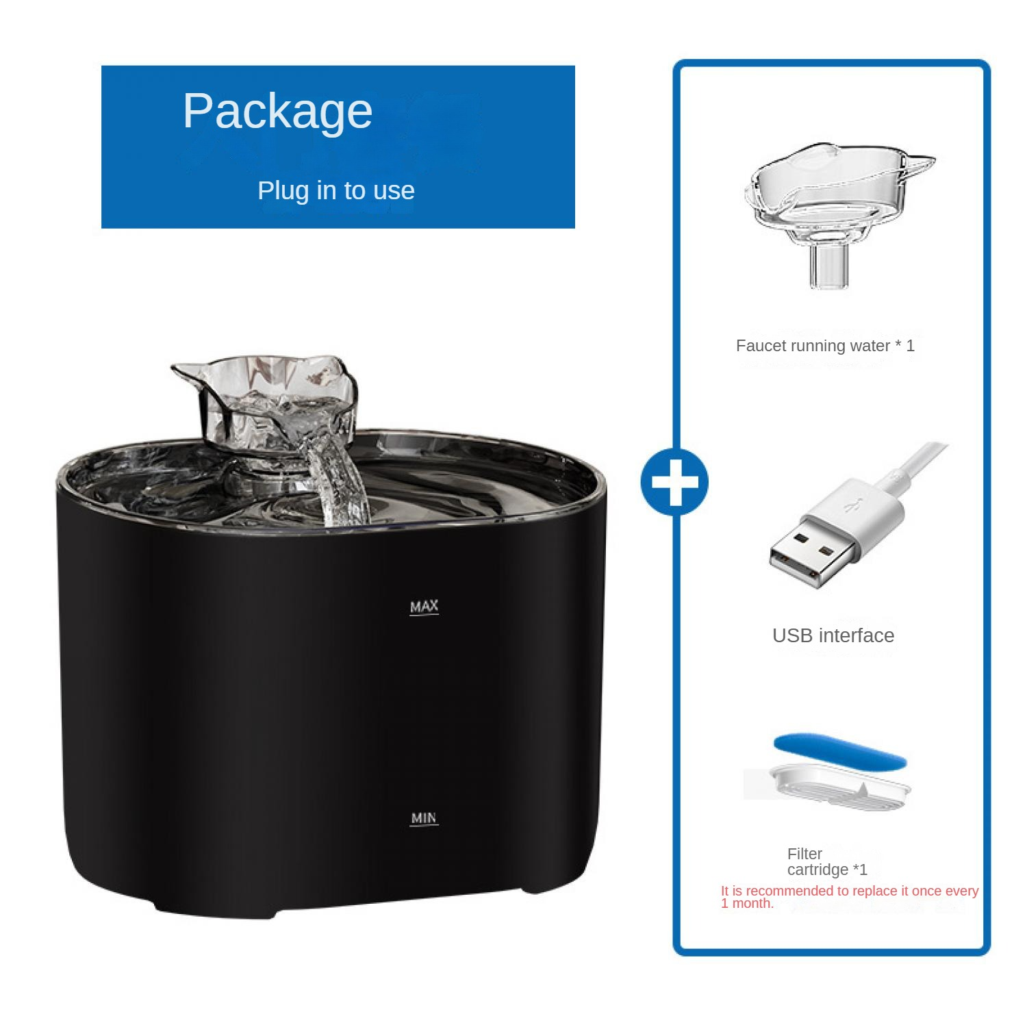 Schwarzer Trinkbrunnen mit Wasserfall und USB-Anschluss.