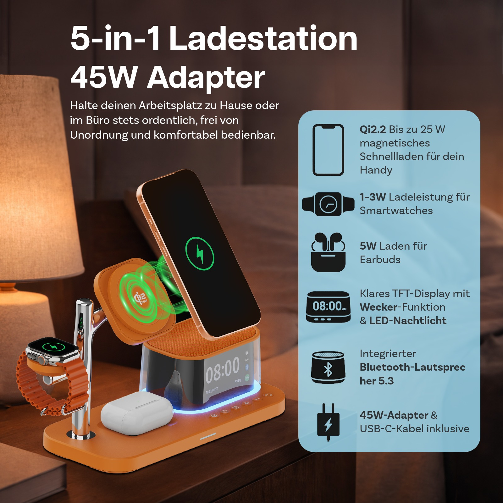 Eine orangefarbene 5-in-1 Ladestation mit Handy, Smartwatch, Ohrhörern, Wecker und Lautsprecher.