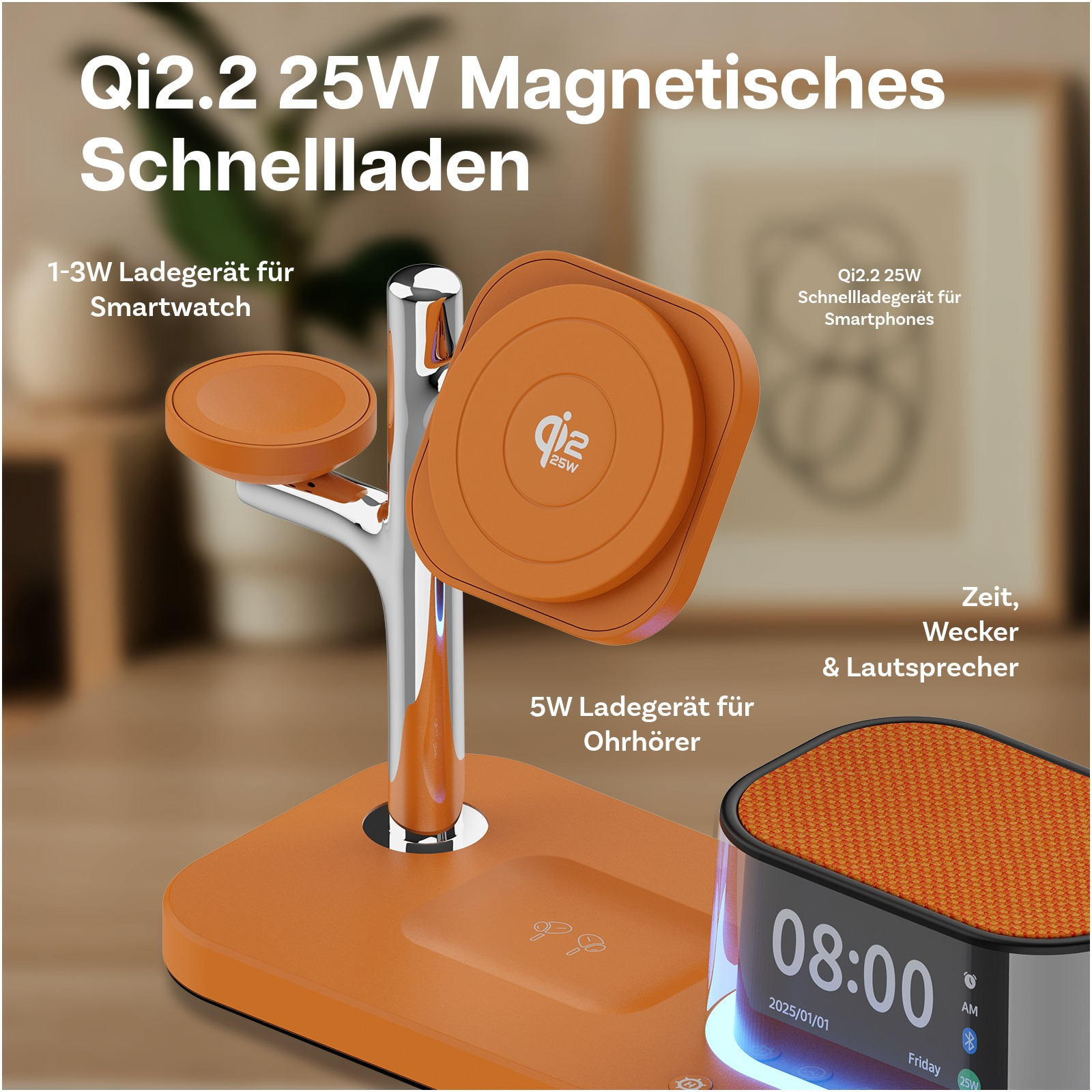 Ein orangefarbenes 3-in-1-Ladegerät mit Ständer für Smartwatch, Smartphone und Ohrhörer.