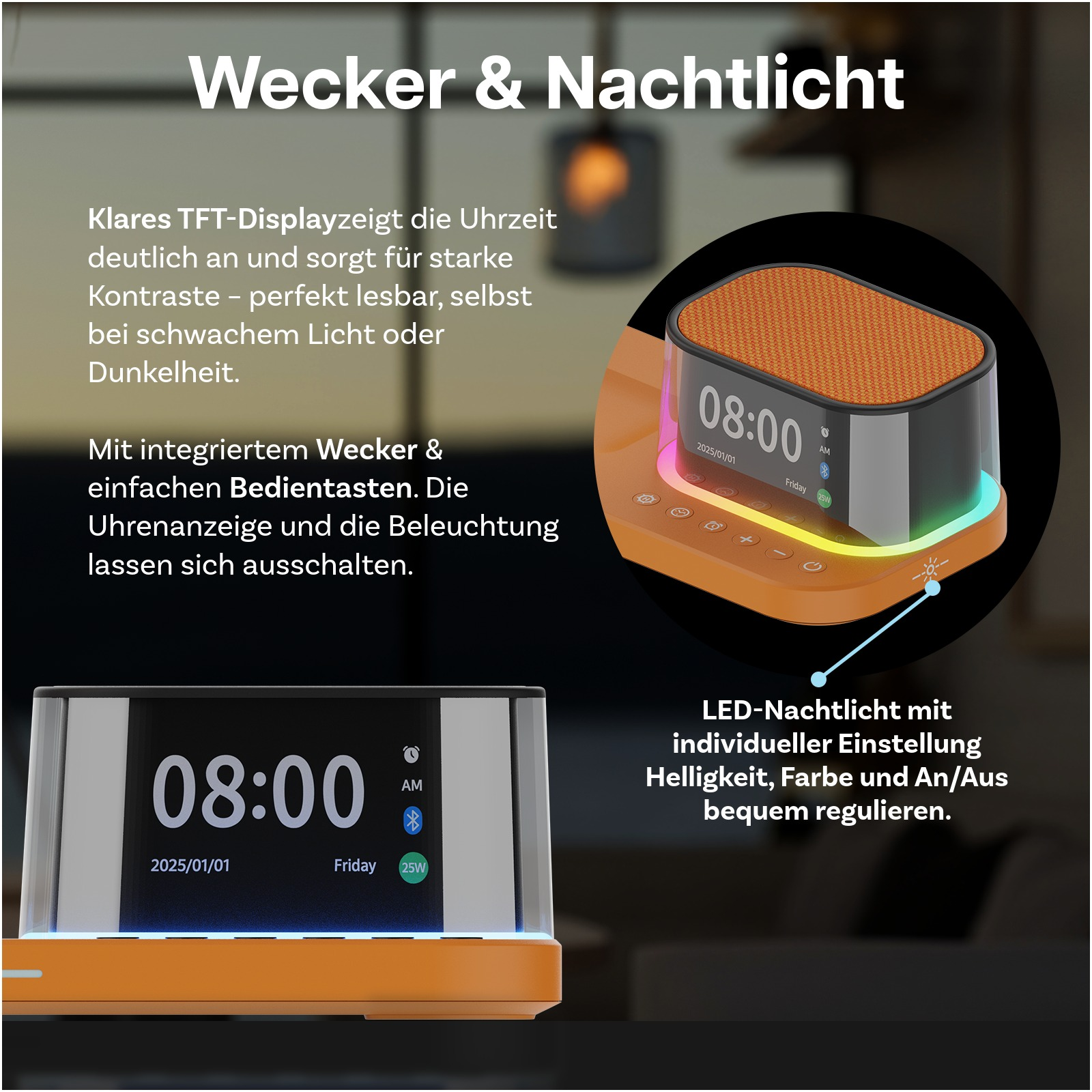 Ein digitaler Wecker mit orangefarbenem Lautsprecher und farbiger LED-Basis.