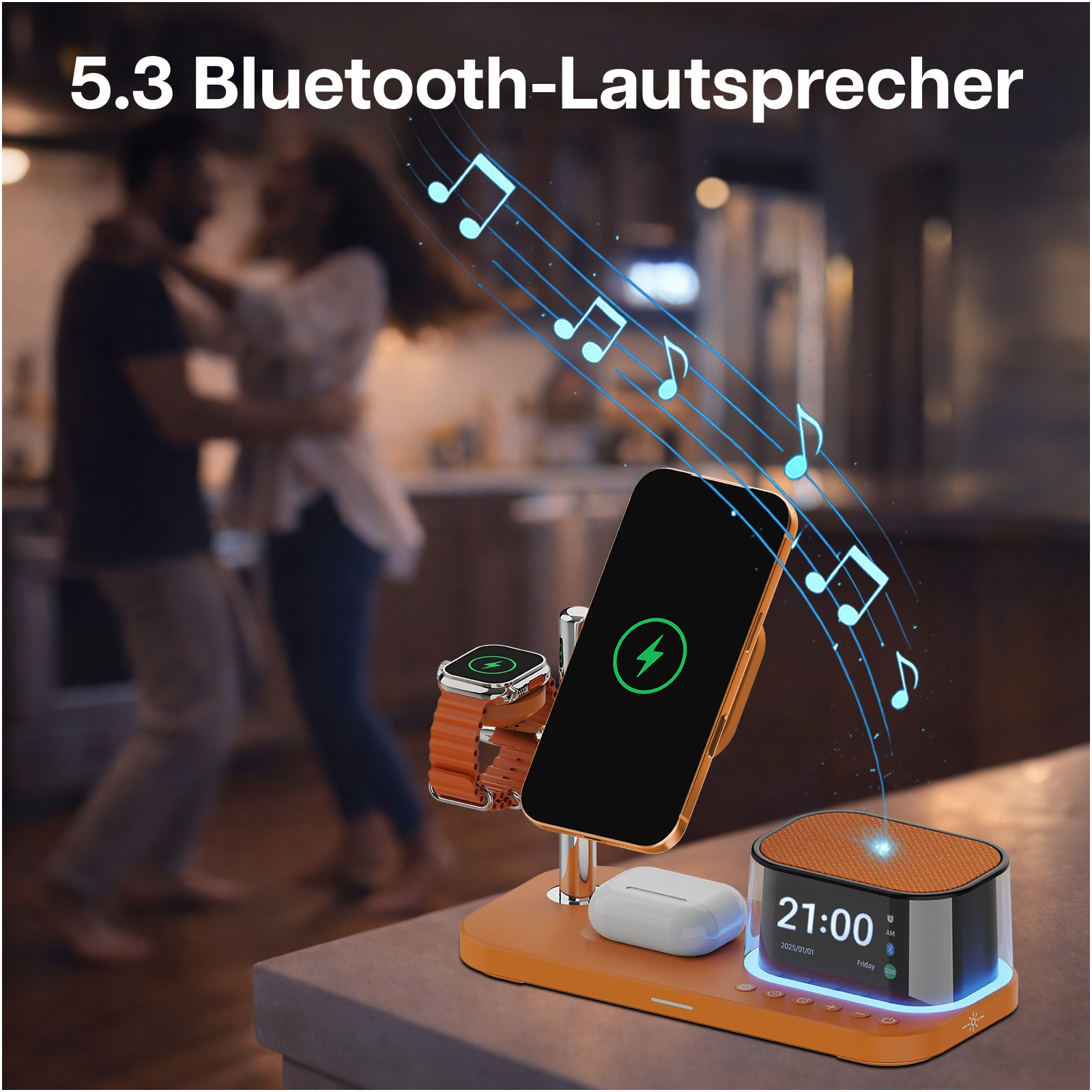 Ein Lade-Dock mit Handy, Uhr, Ohrhörern und Lautsprecher. Musiknoten schweben.