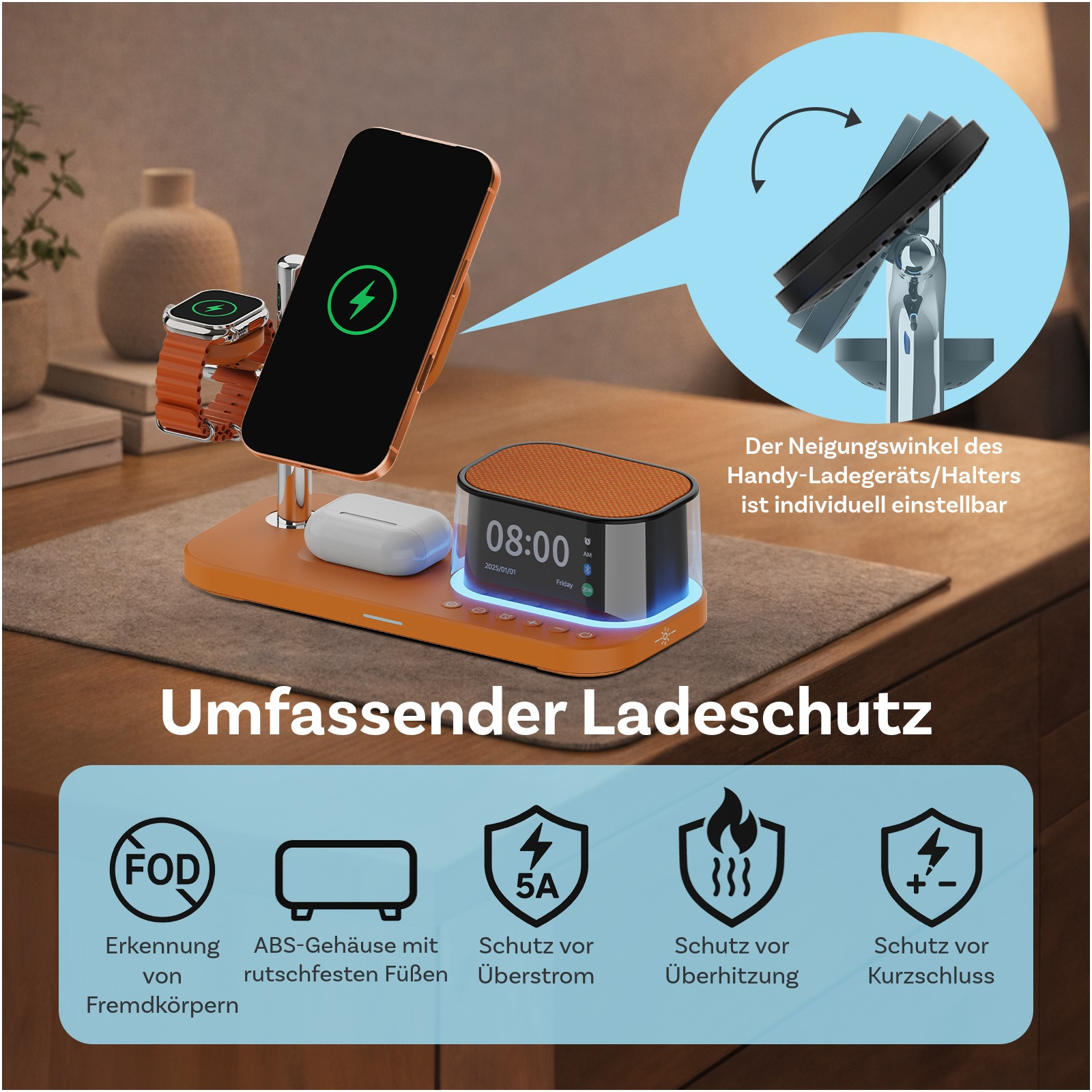 Orange Ladestation mit Handy, Uhr, Kopfhörern und Wecker. Einstellbarer Winkel.