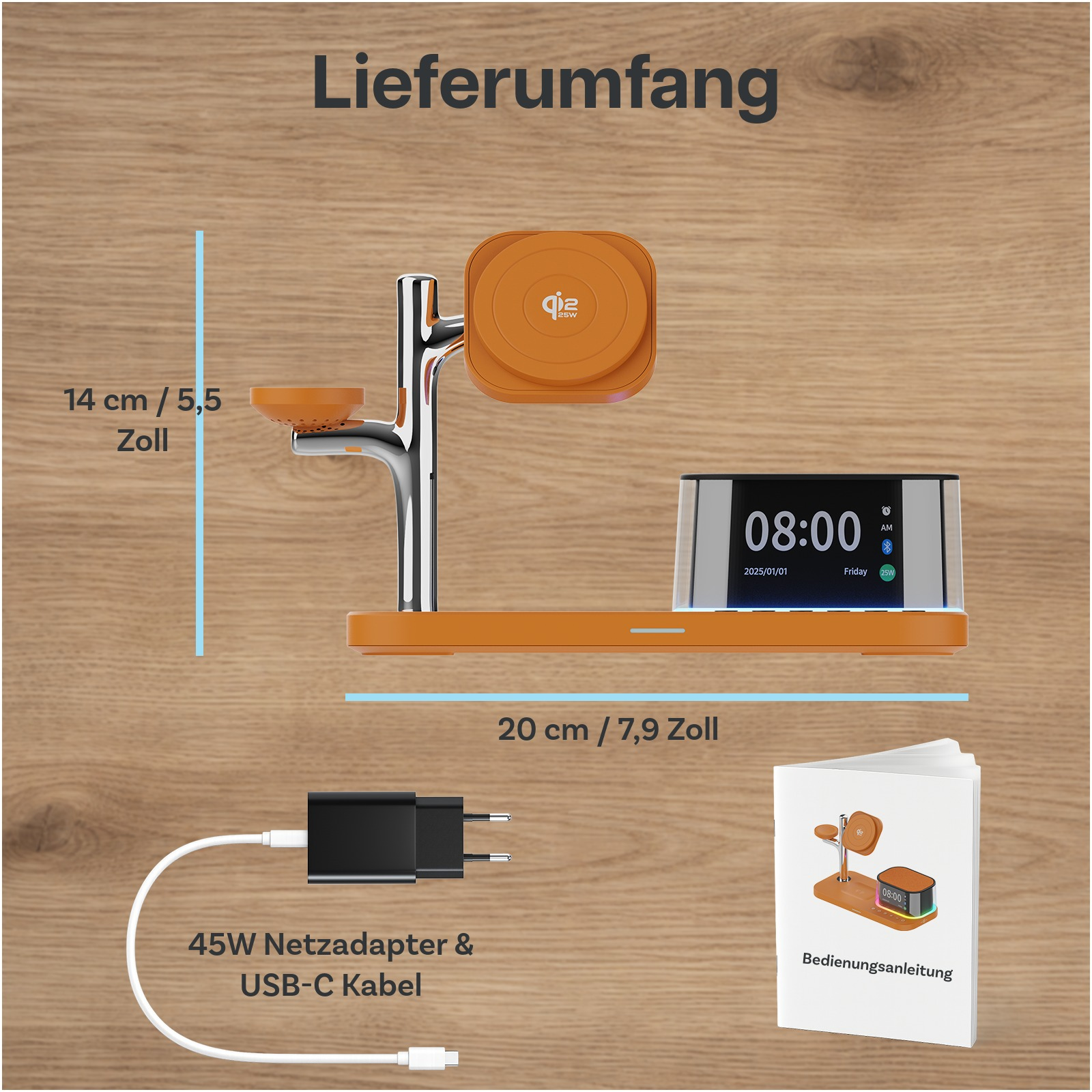 Lieferumfang: Orange Ladestation, Uhr, USB-C-Kabel, Netzteil, Anleitung.