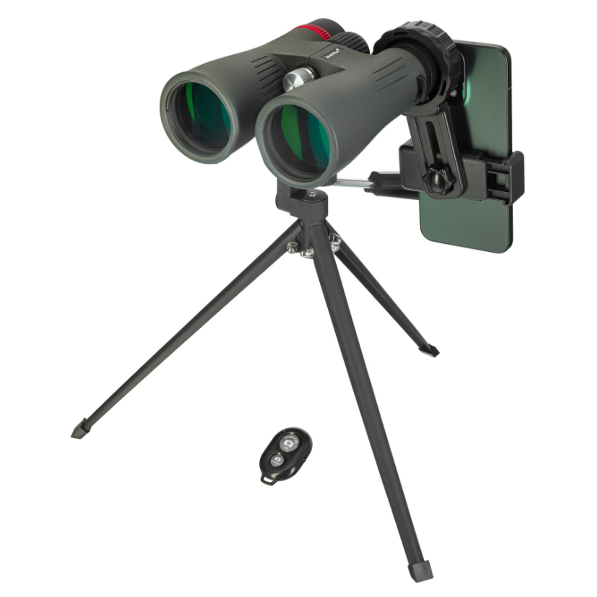 Binocolo grigio con supporto per telefono su treppiede, telecomando accanto.