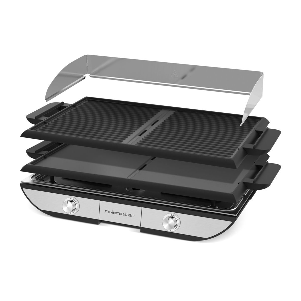Ein elektrischer Tischgrill mit abnehmbarer Grillplatte und Glasabdeckung.