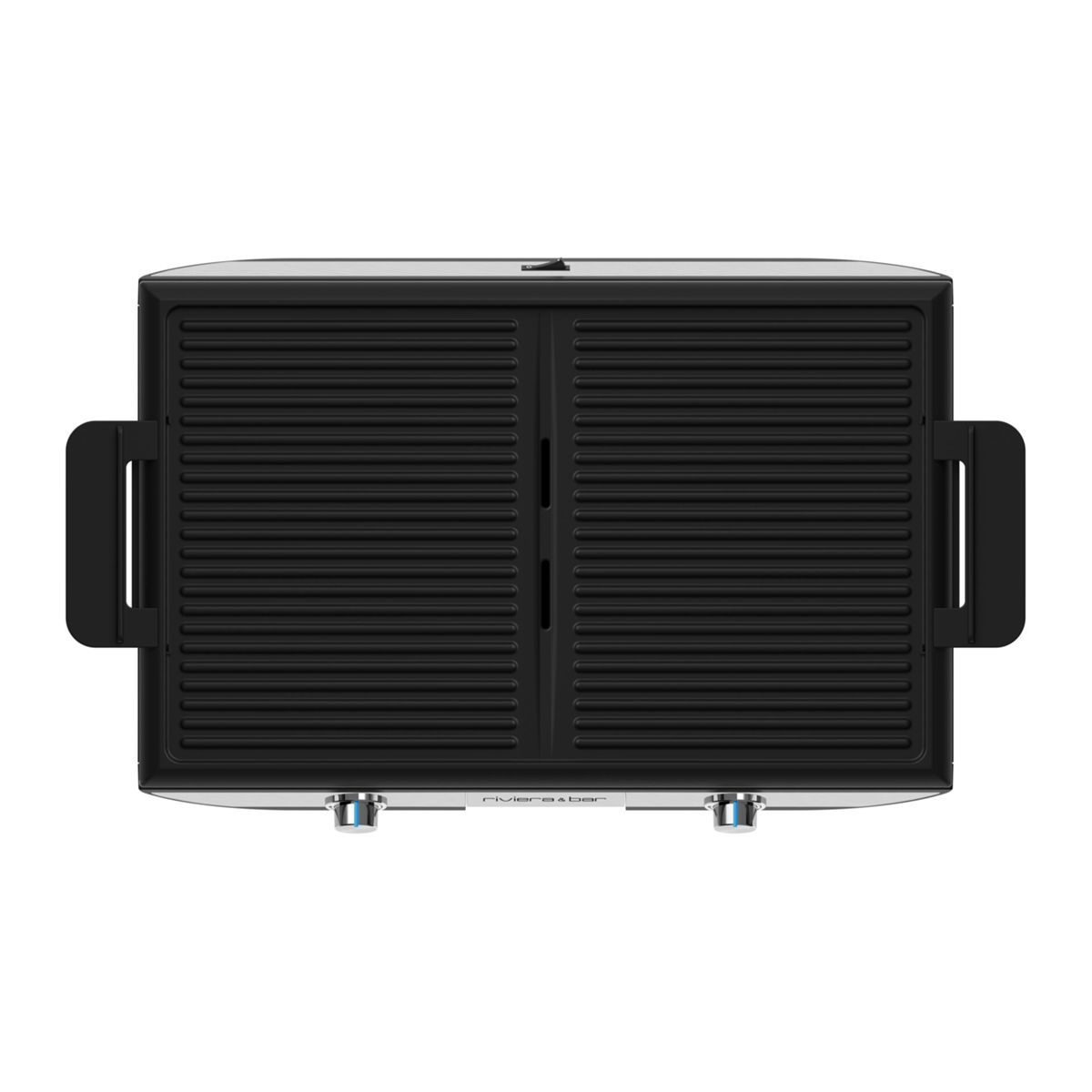 Schwarzer Kontaktgrill mit zwei geriffelten Platten und silbernen Akzenten.