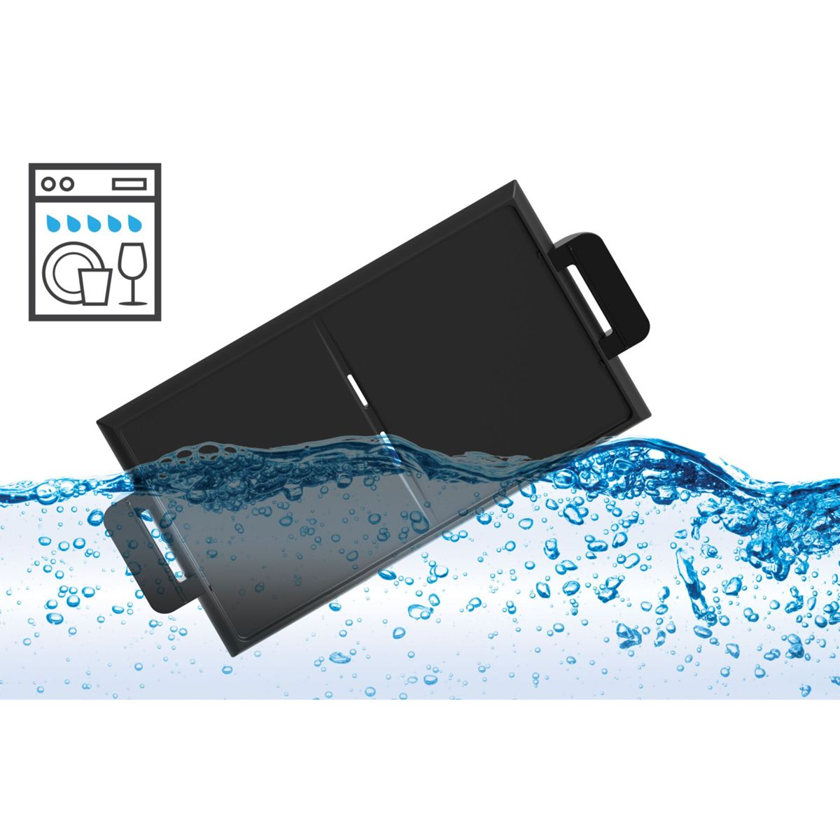 Ein schwarzer Grillrost wird in Wasser getaucht, daneben ein Spülmaschinen-Symbol.