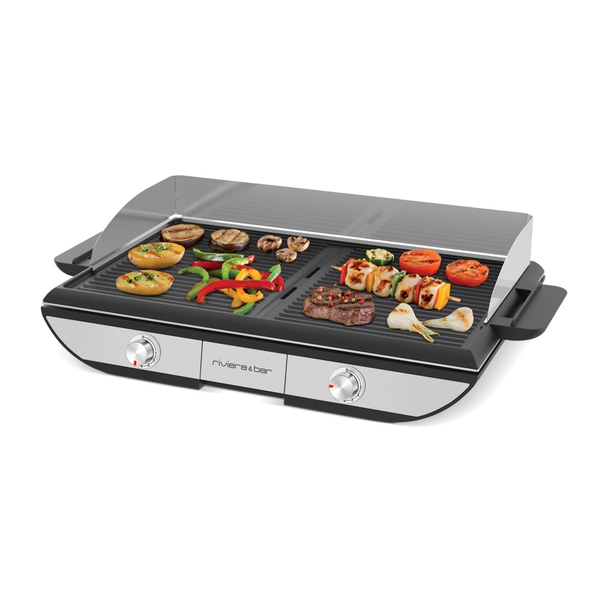 Elektrischer Grill mit Fleisch, Gemüse und Kartoffeln.