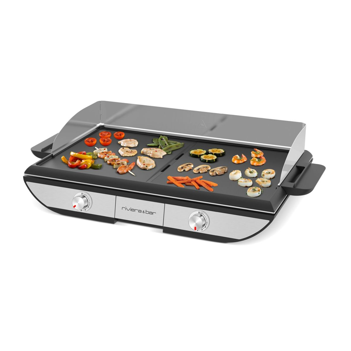 Elektrischer Grill mit Hähnchen, Garnelen, Gemüse und Pilzen.