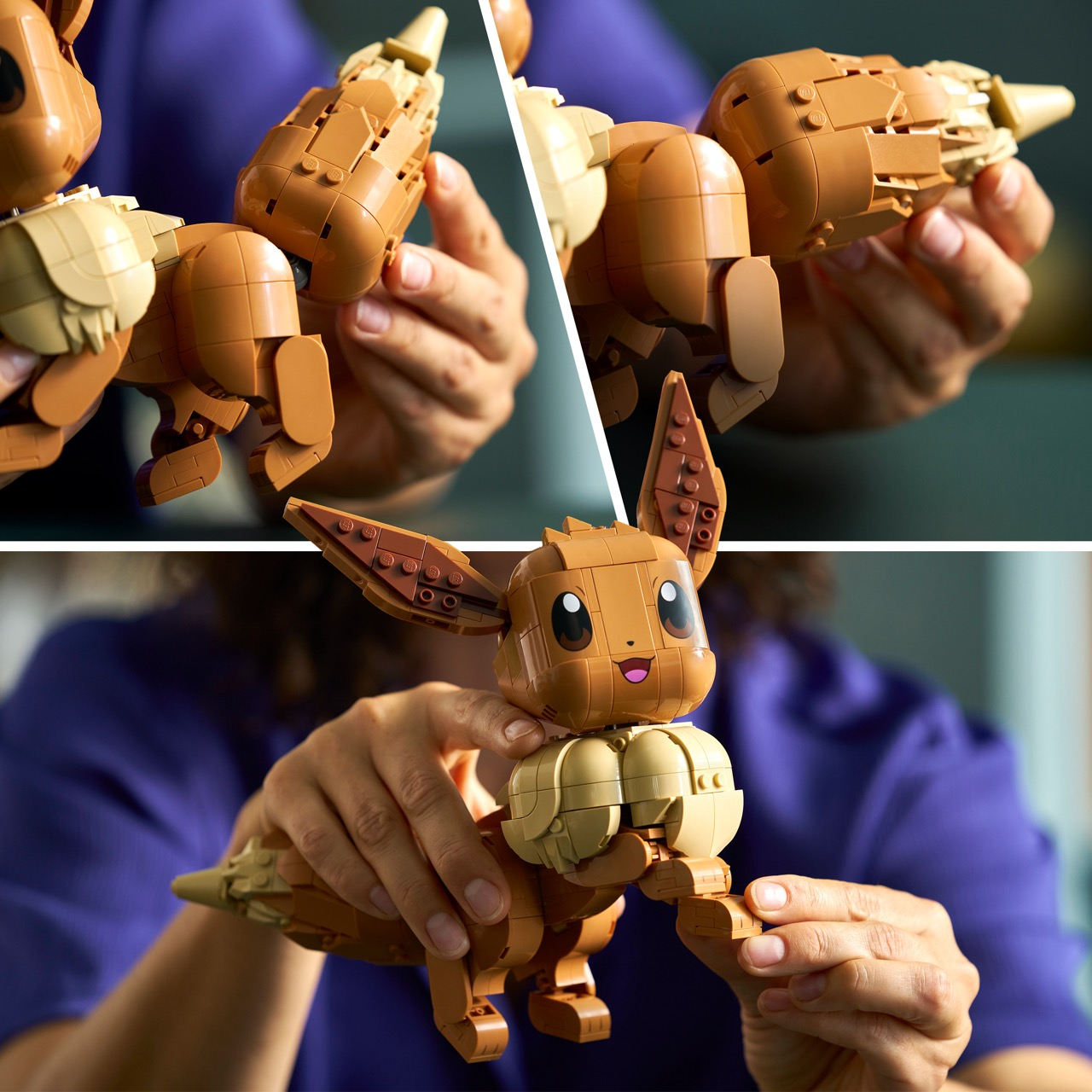 Un modelo de Eevee de LEGO marrón y tostado es sostenido por manos.