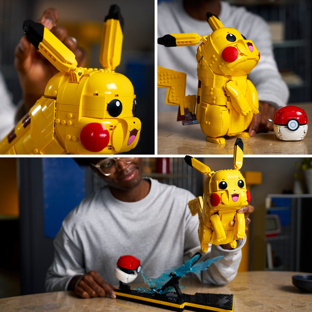 Een man houdt een Lego Pikachu-figuur vast met een Pokeball-display.