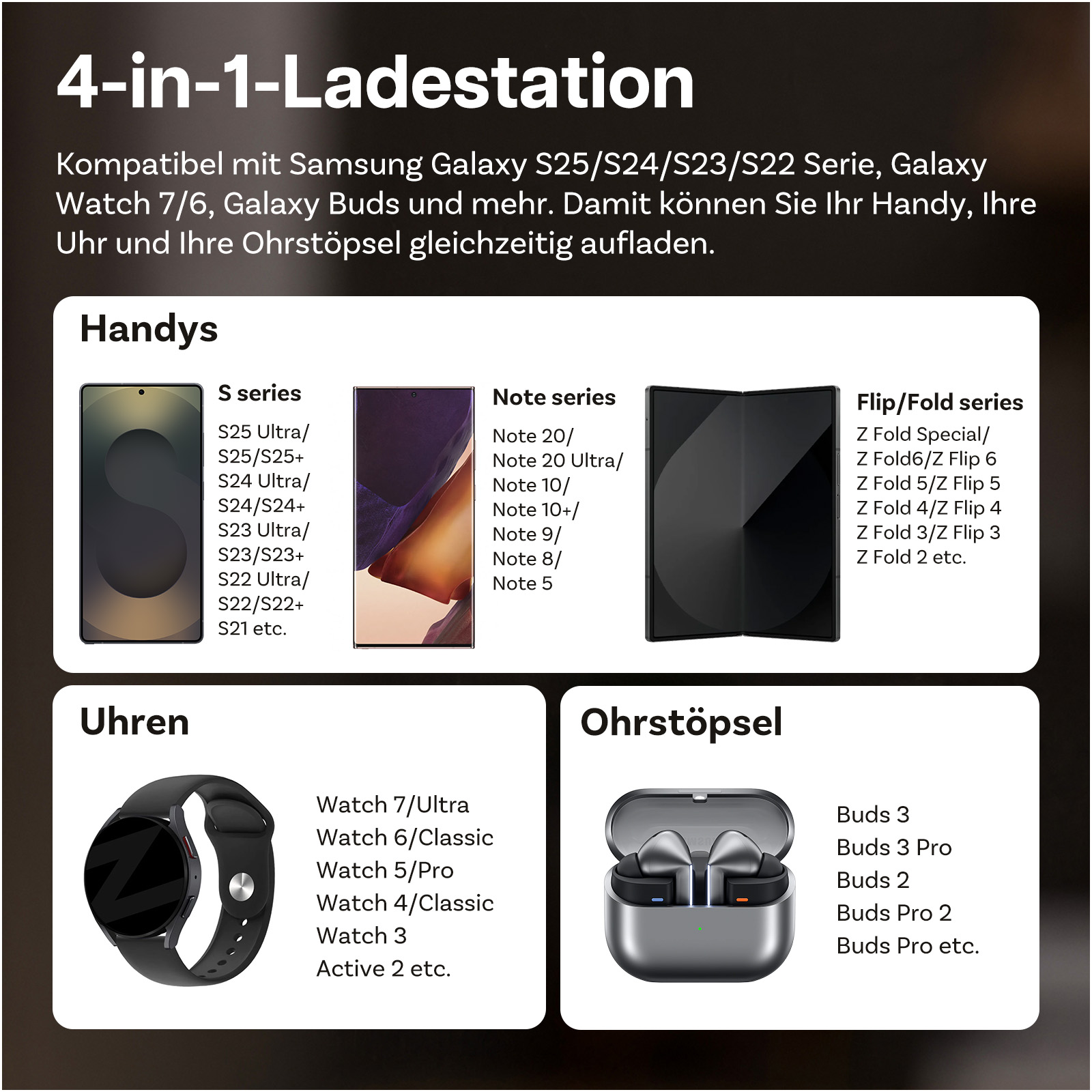 4-in-1 Ladestation für Samsung Handys, Uhren & Buds. Zeigt S, Note, Flip/Fold Serien.