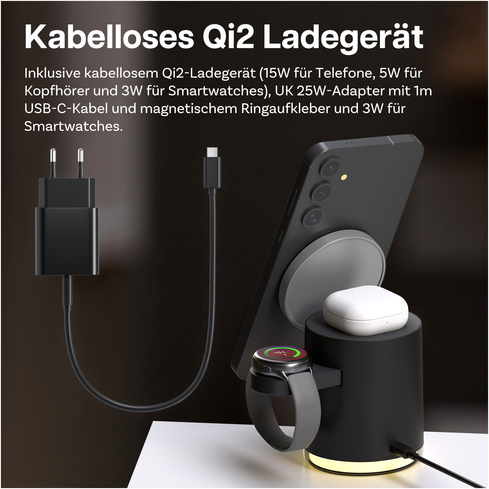 Schwarzes Ladegerät mit Handy, Uhr, Kopfhörern und Netzteil.