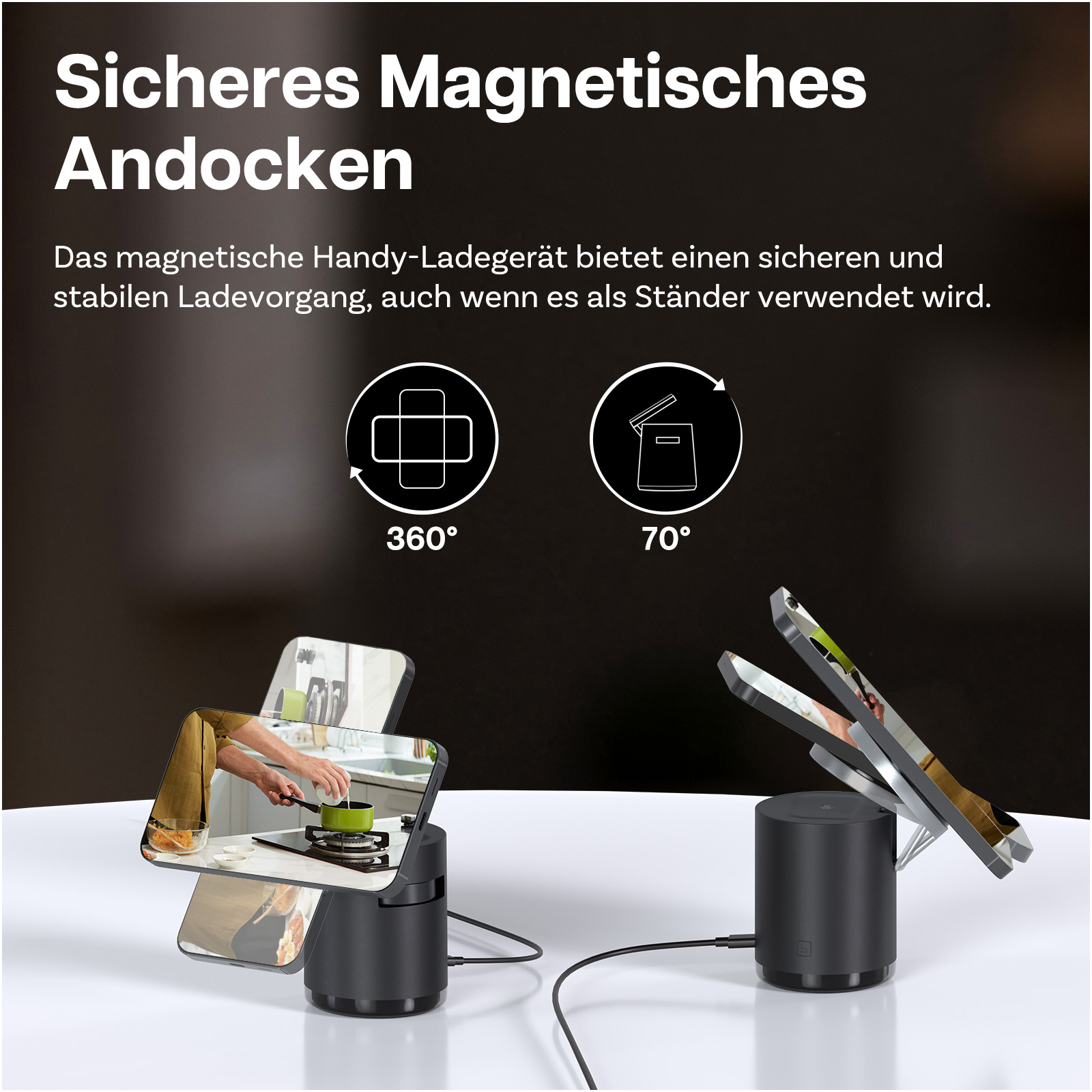 Magnetisches Ladegerät mit Handy-Halterung, 360° und 70° Winkel.
