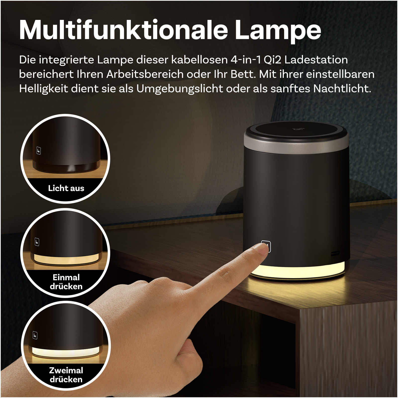 Schwarze Multifunktionslampe mit Qi2 Ladestation, wird per Fingerdruck bedient.
