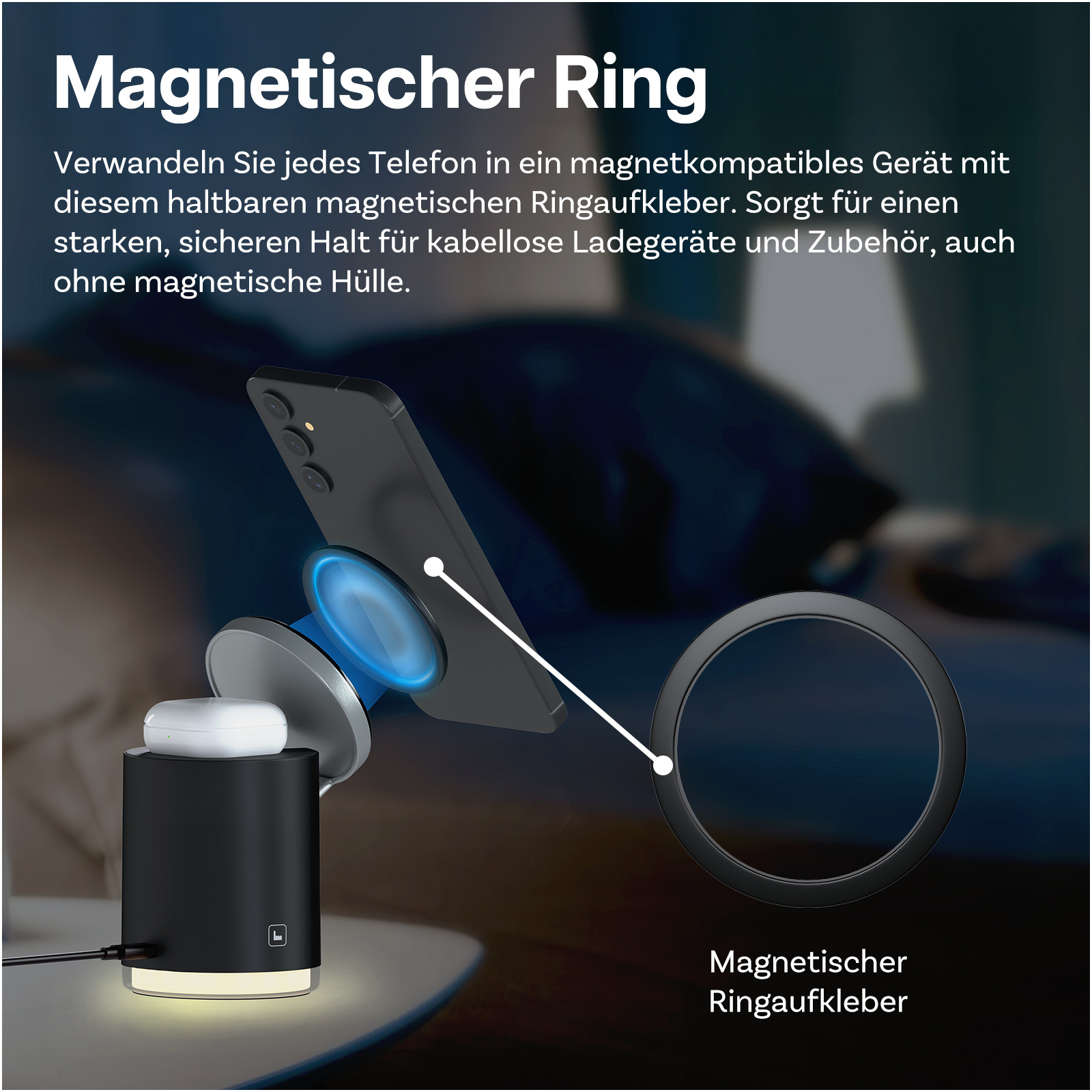 Schwarzer Ladeständer mit weißem AirPod-Etui und magnetisch befestigtem Handy.
