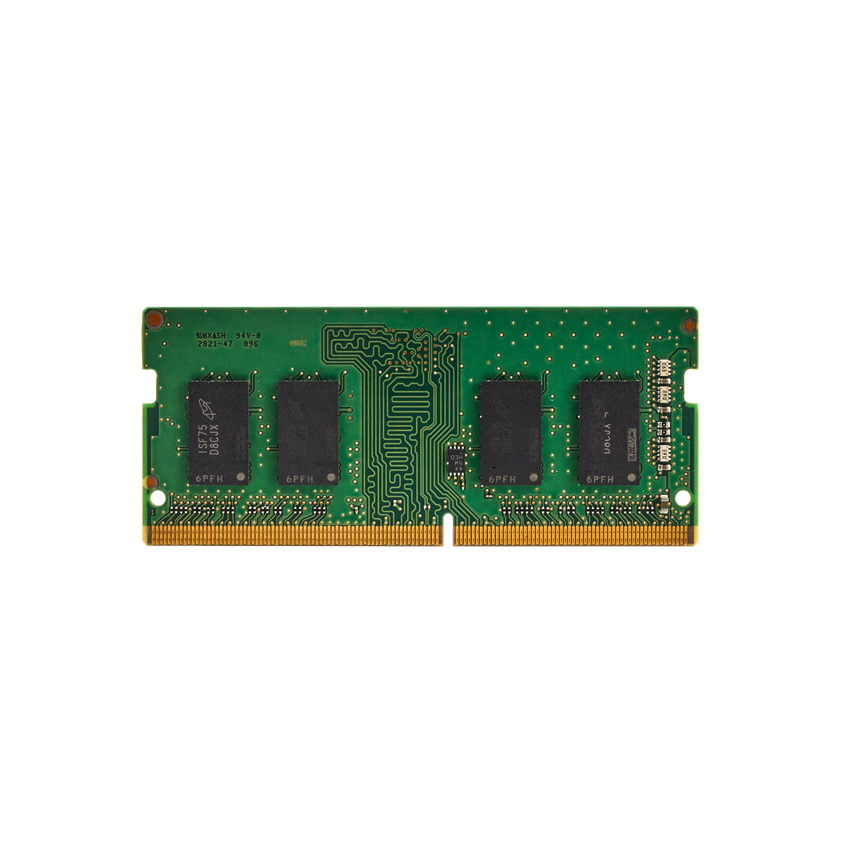 Un modulo RAM per computer verde con contatti dorati e chip neri.