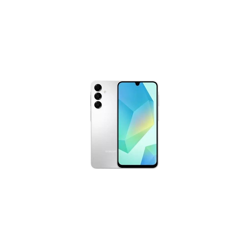 Arkada üç kamerası ve renkli ekranı olan beyaz bir akıllı telefon.
